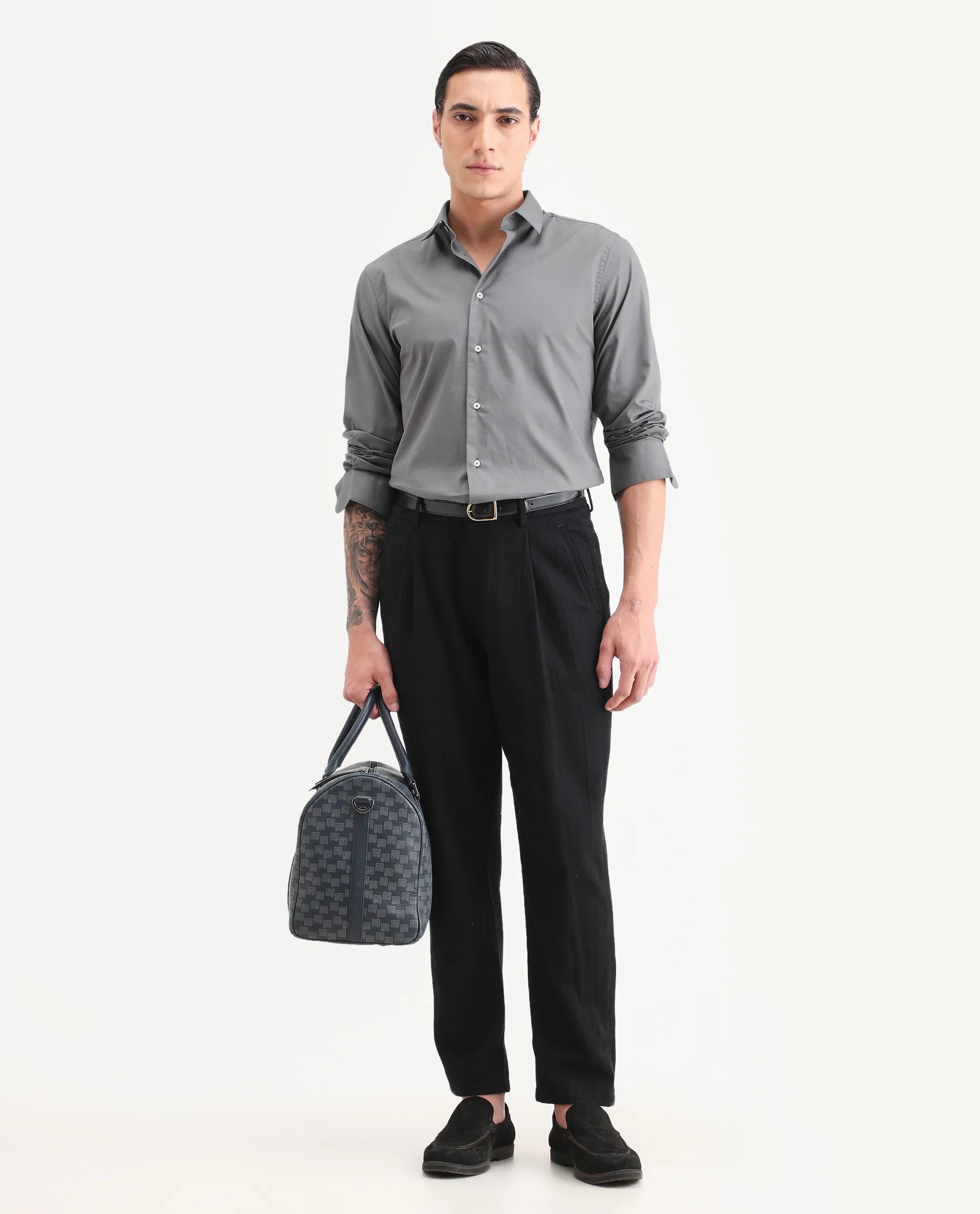 Rare Rabbit Men's Copz Dark Grey Cotton Fabric Full Sleeve Spread Collar Regular Fit Plain Shirt