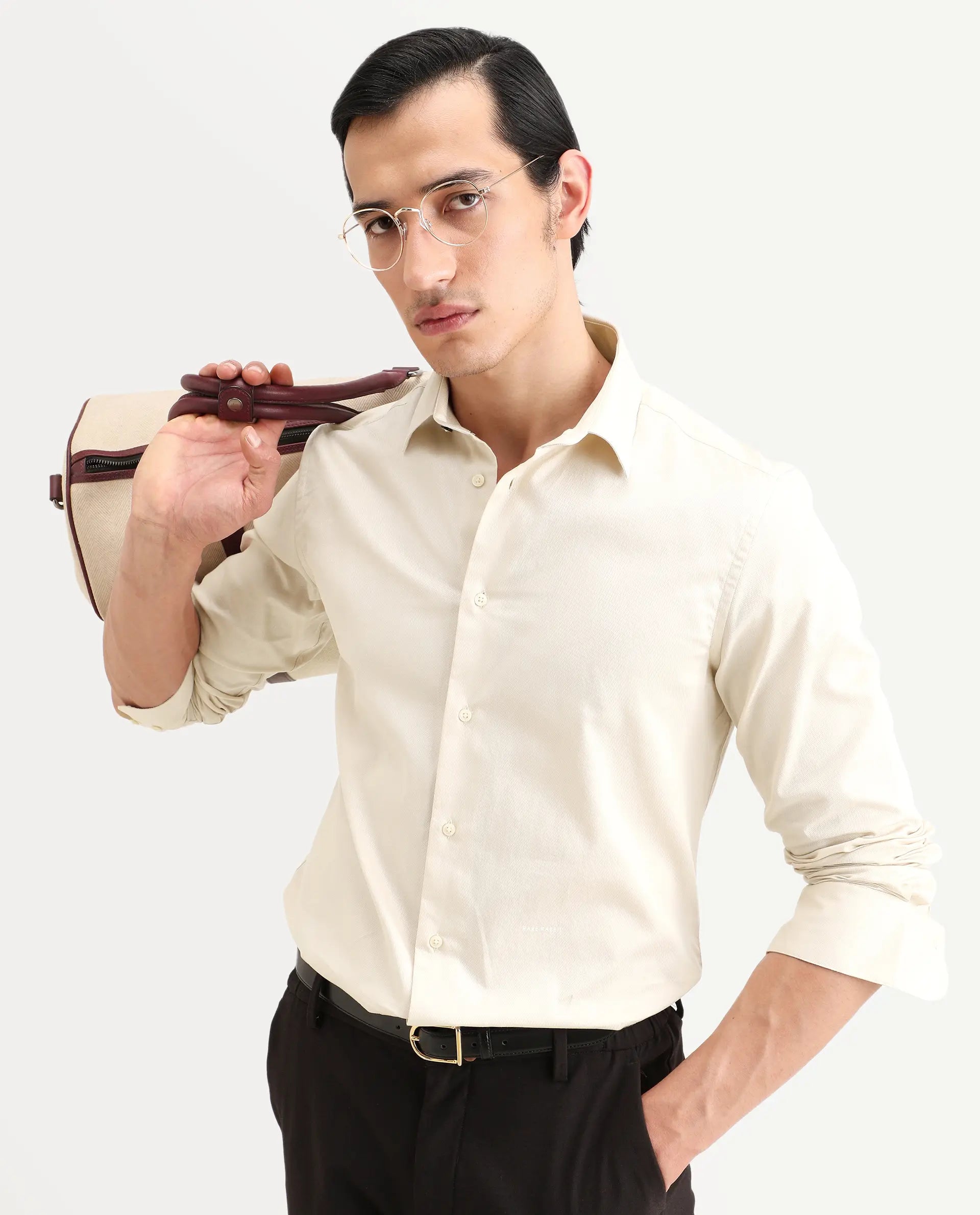 Rare Rabbit Men's Armeno Light Beige Cotton Fabric Full Sleeve Spread Collar Regular Fit Plain Shirt