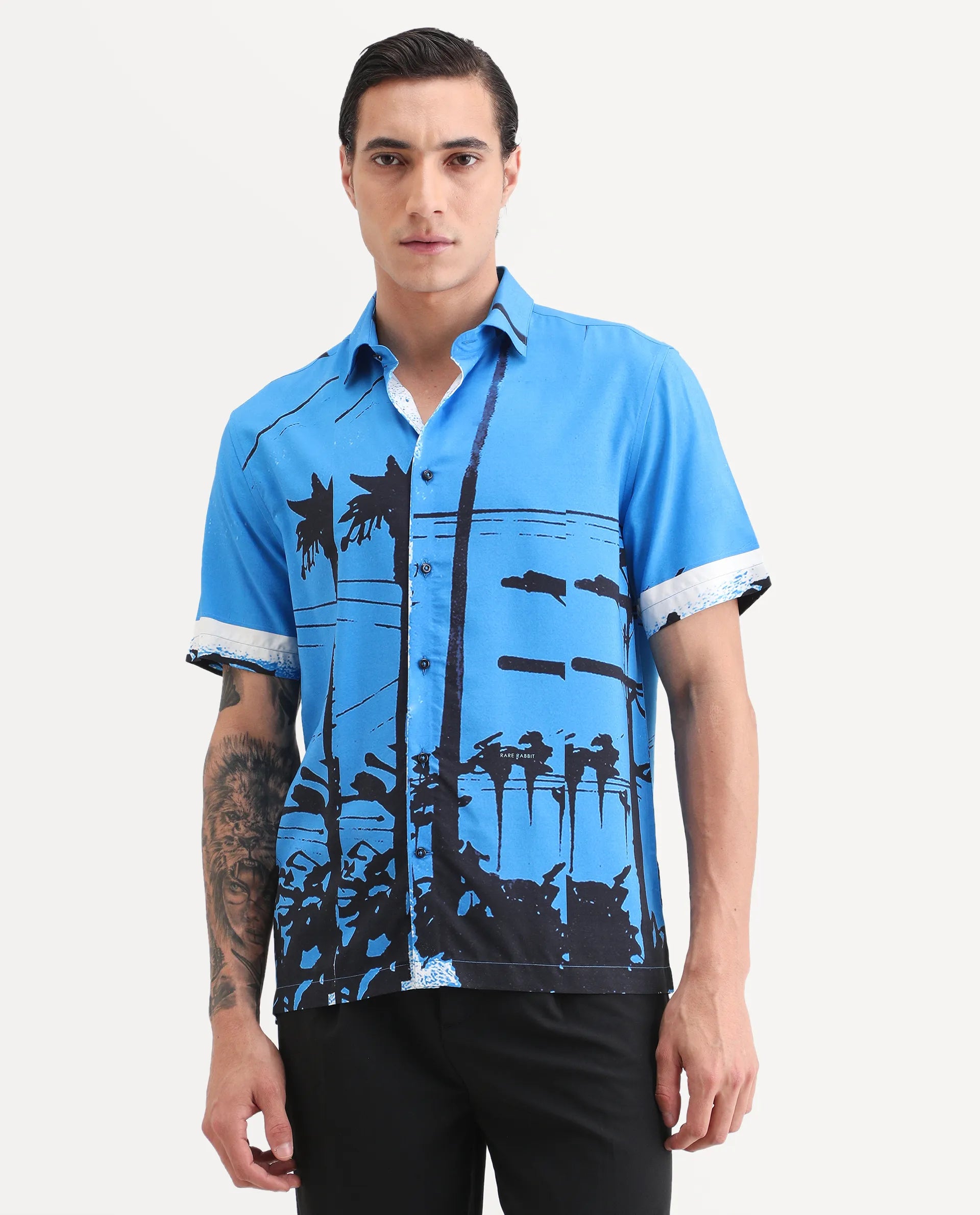 Rare Rabbit Men's Pheena Dark Blue Viscose Fabric Full Sleeve Spread Collar Regular Fit Abstract Print Shirt