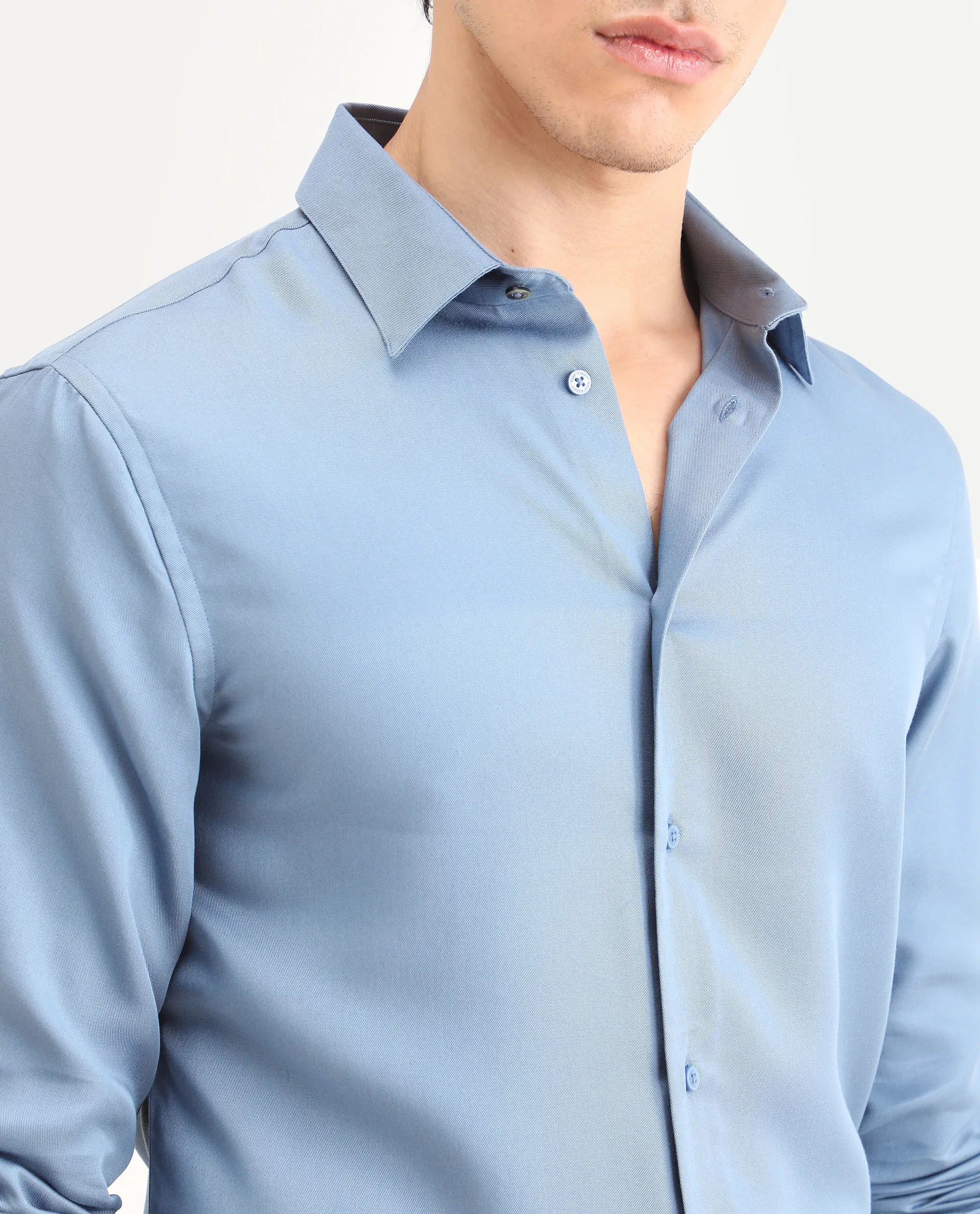 Rare Rabbit Men's Armenop Dusky Blue Tencel Fabric Full Sleeve Spread Collar Regular Fit Plain Shirt