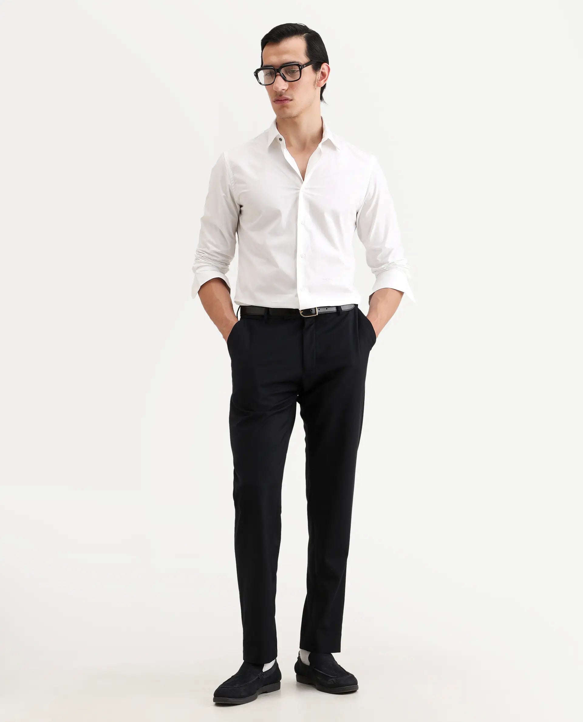 Rare Rabbit Men's Zazzle White Cotton Fabric Full Sleeve Spread Collar Regular Fit Plain Shirt