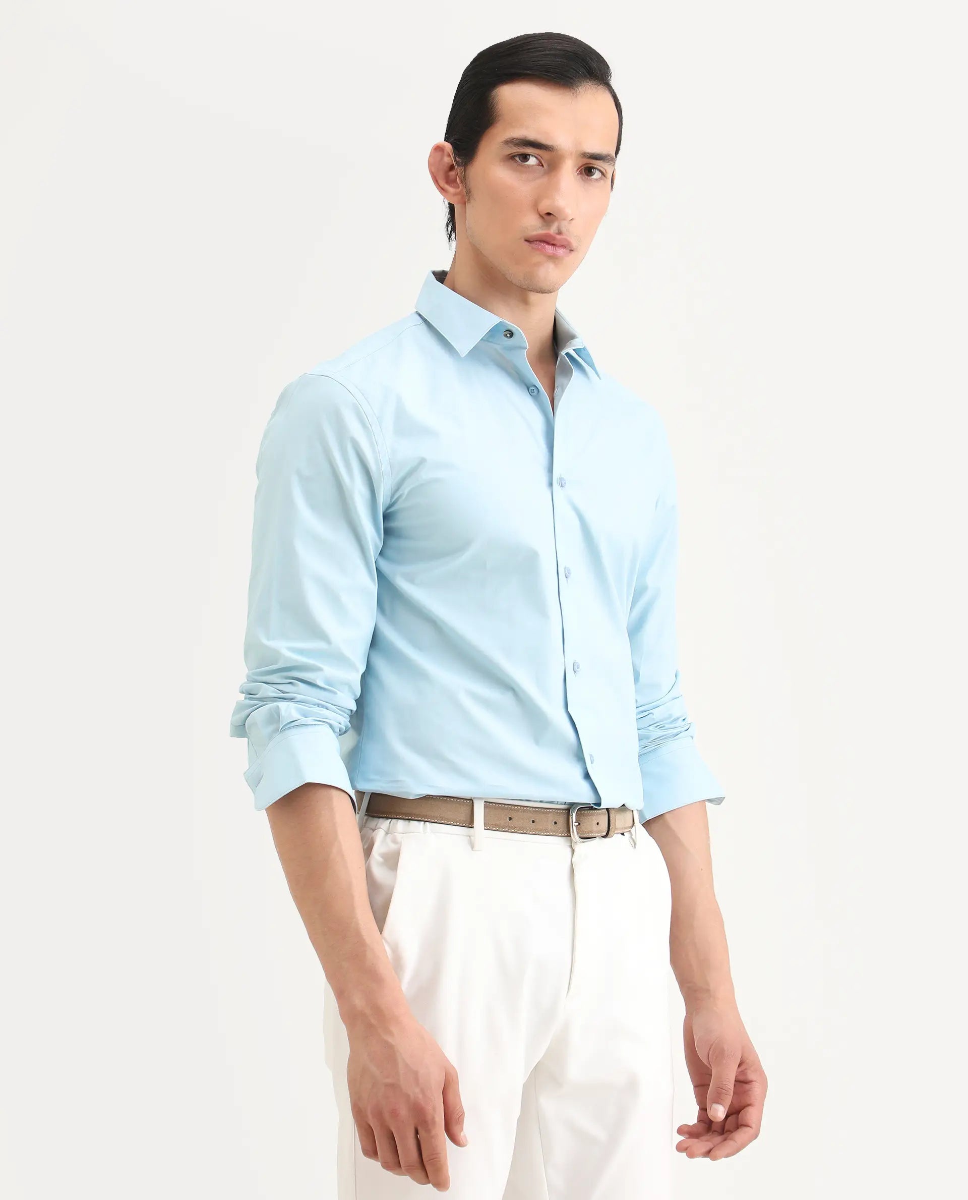Rare Rabbit Men's Zazzle Light Blue Cotton Fabric Full Sleeve Spread Collar Regular Fit Plain Shirt