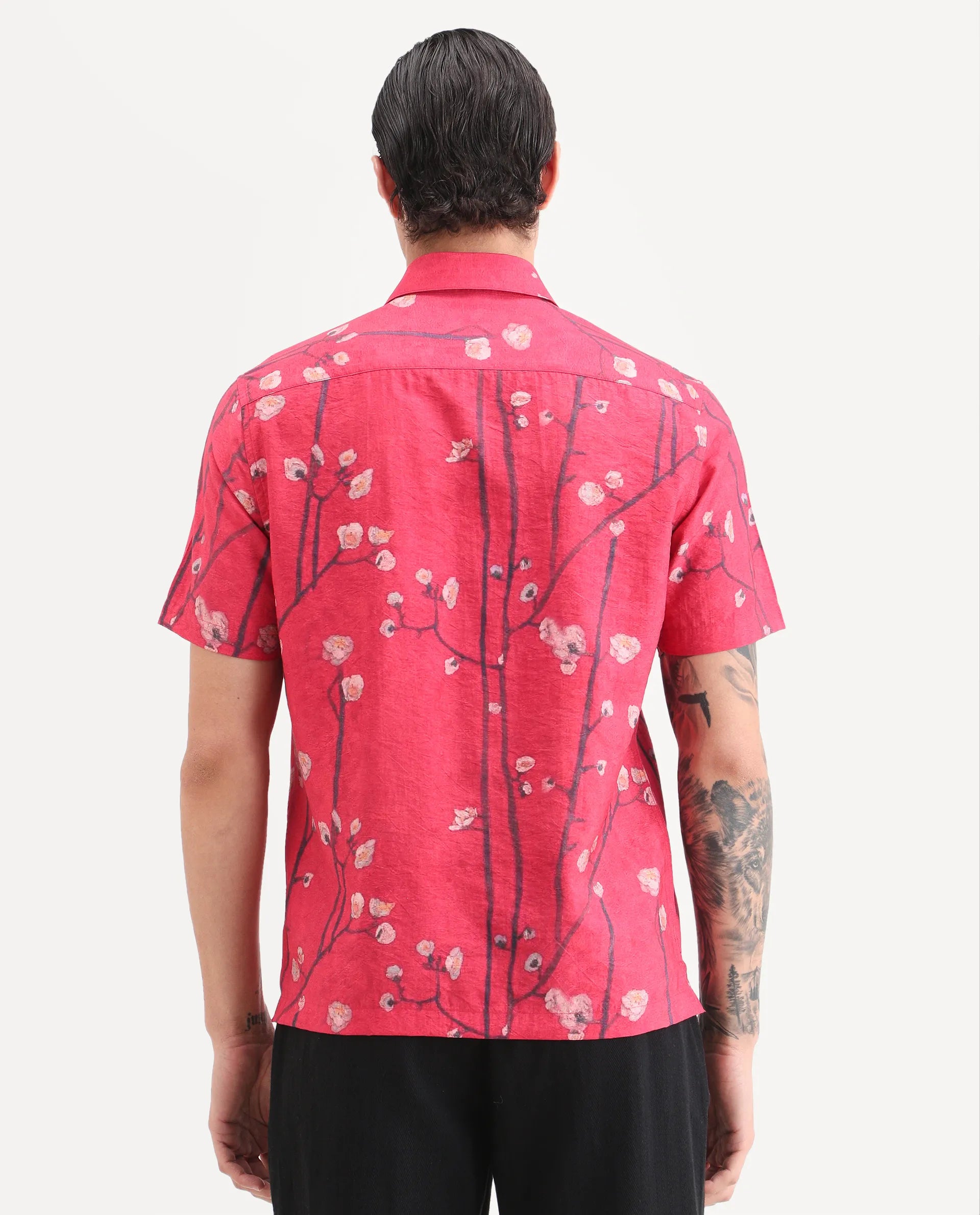 Rare Rabbit Men's Naton Light Red Viscose Blend Fabric Half Sleeve Spread Collar Regular Fit Floral Print Shirt