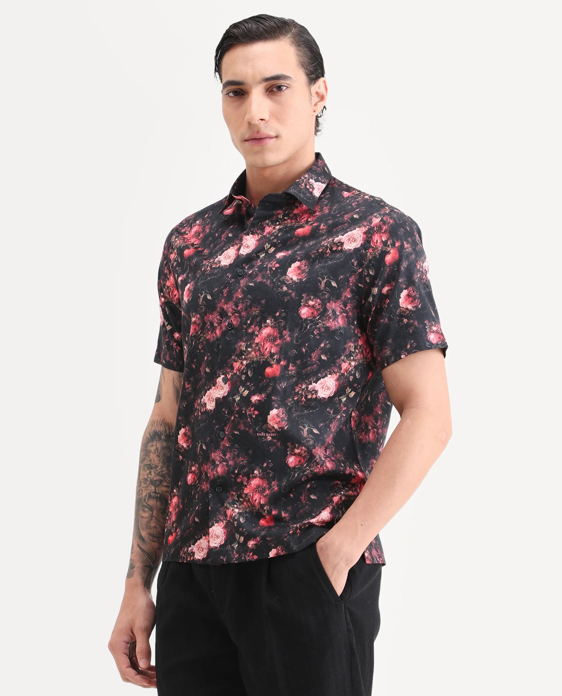 Rare Rabbit Men's Aranger Black Cotton Fabric Half Sleeve Spread Collar Regular Fit Floral Print Shirt