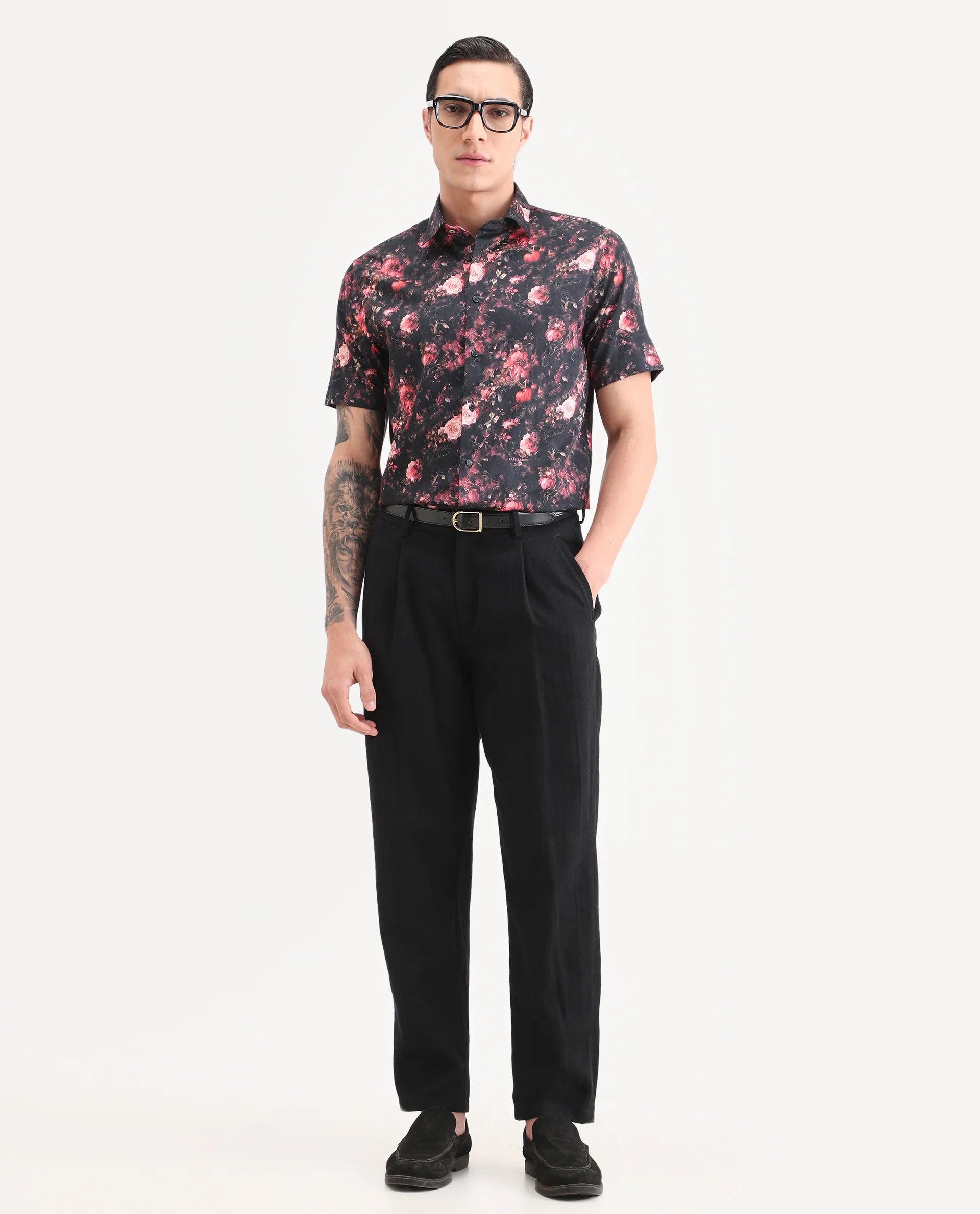Rare Rabbit Men's Aranger Black Cotton Fabric Half Sleeve Spread Collar Regular Fit Floral Print Shirt