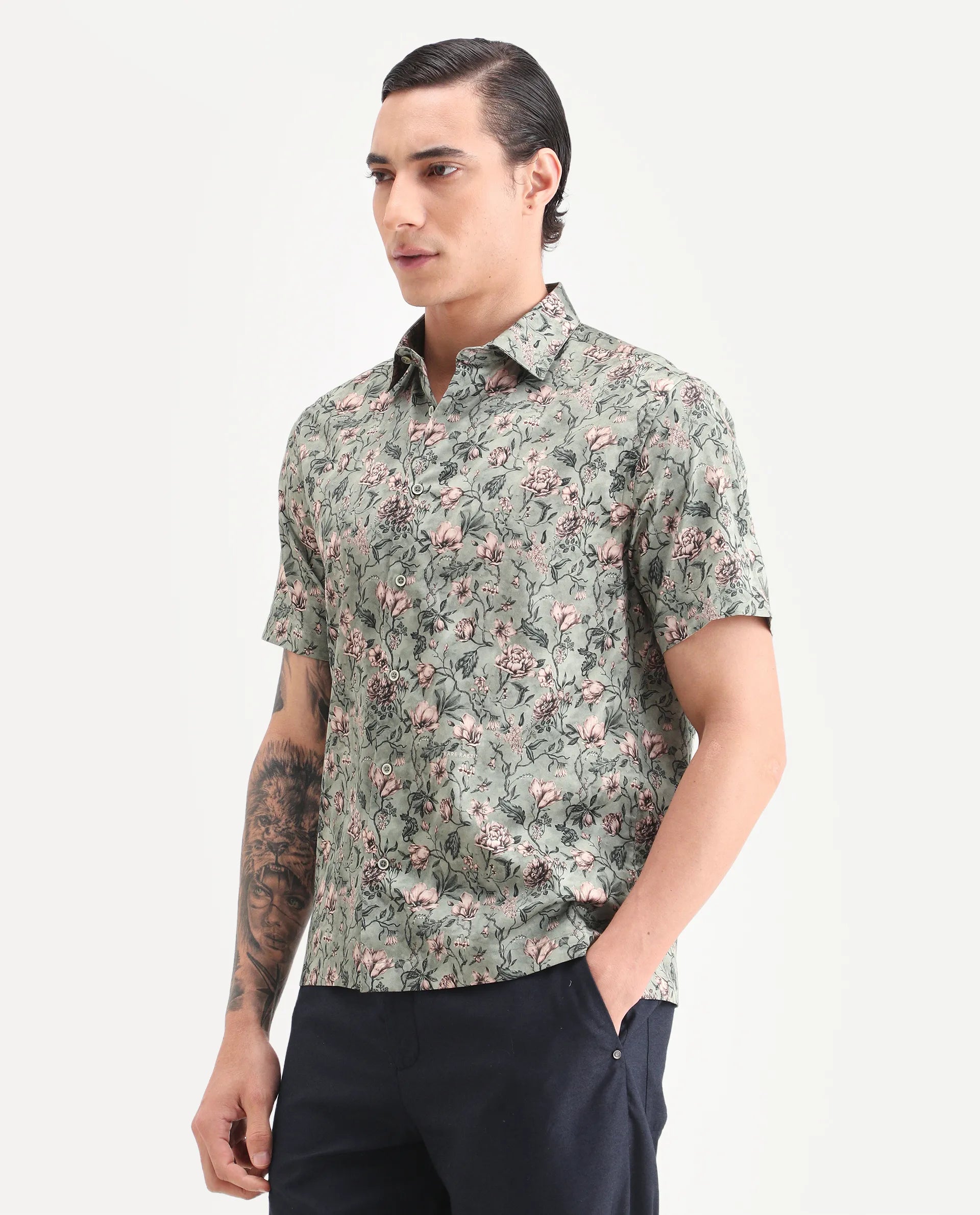 Rare Rabbit Men's Ranger Dark Green Cotton Fabric Half Sleeve Spread Collar Regular Fit Floral Print Shirt