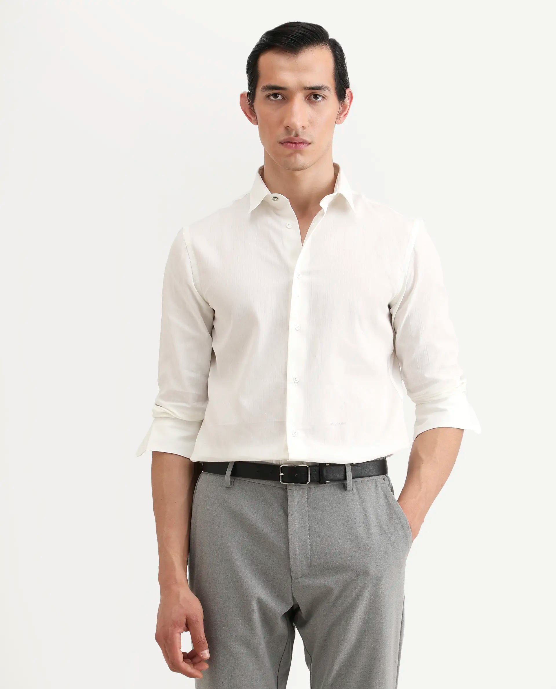 Rare Rabbit Men's Bellany White Cotton Fabric Full Sleeve Spread Collar Regular Fit Plain Shirt