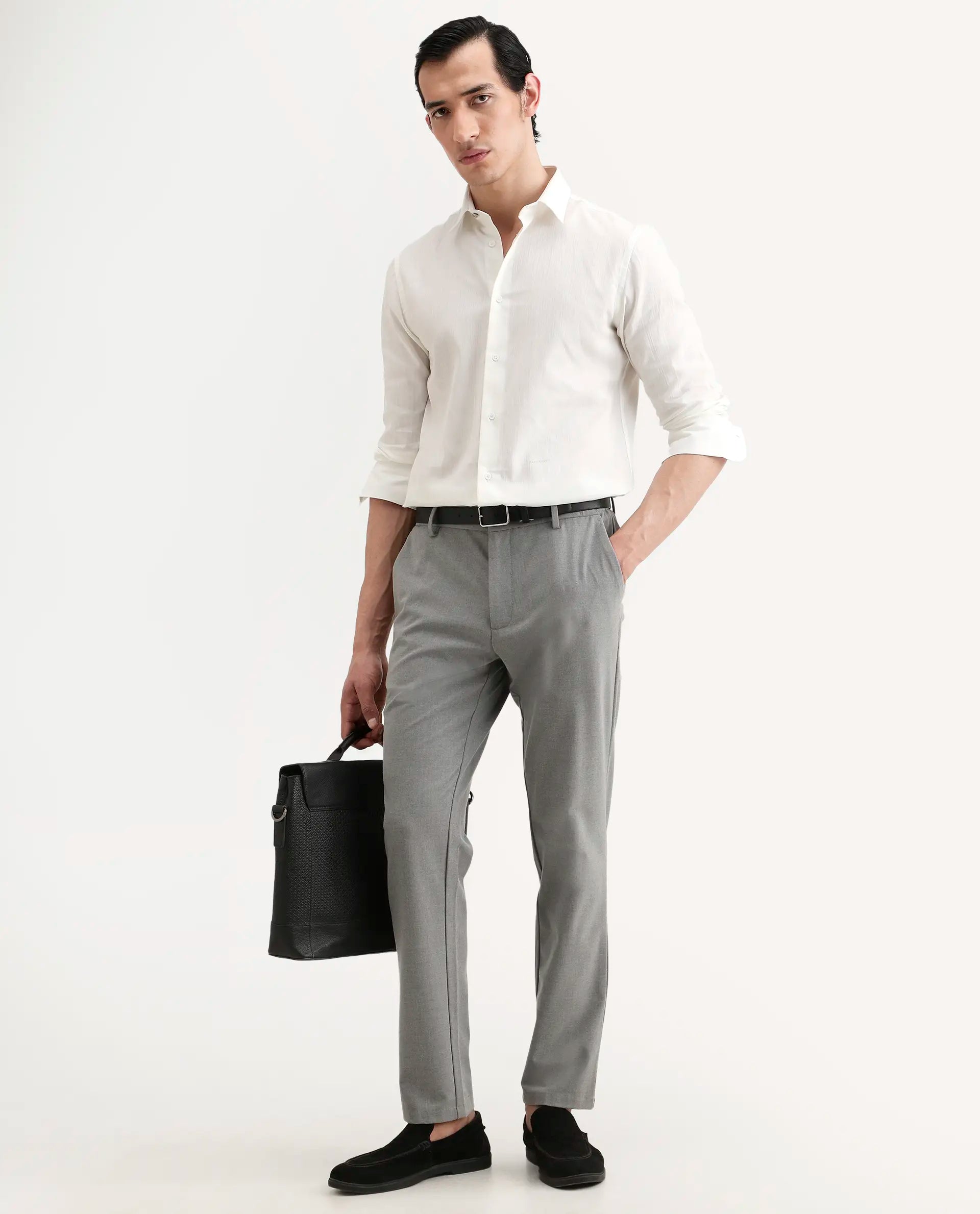 Rare Rabbit Men's Bellany White Cotton Fabric Full Sleeve Spread Collar Regular Fit Plain Shirt