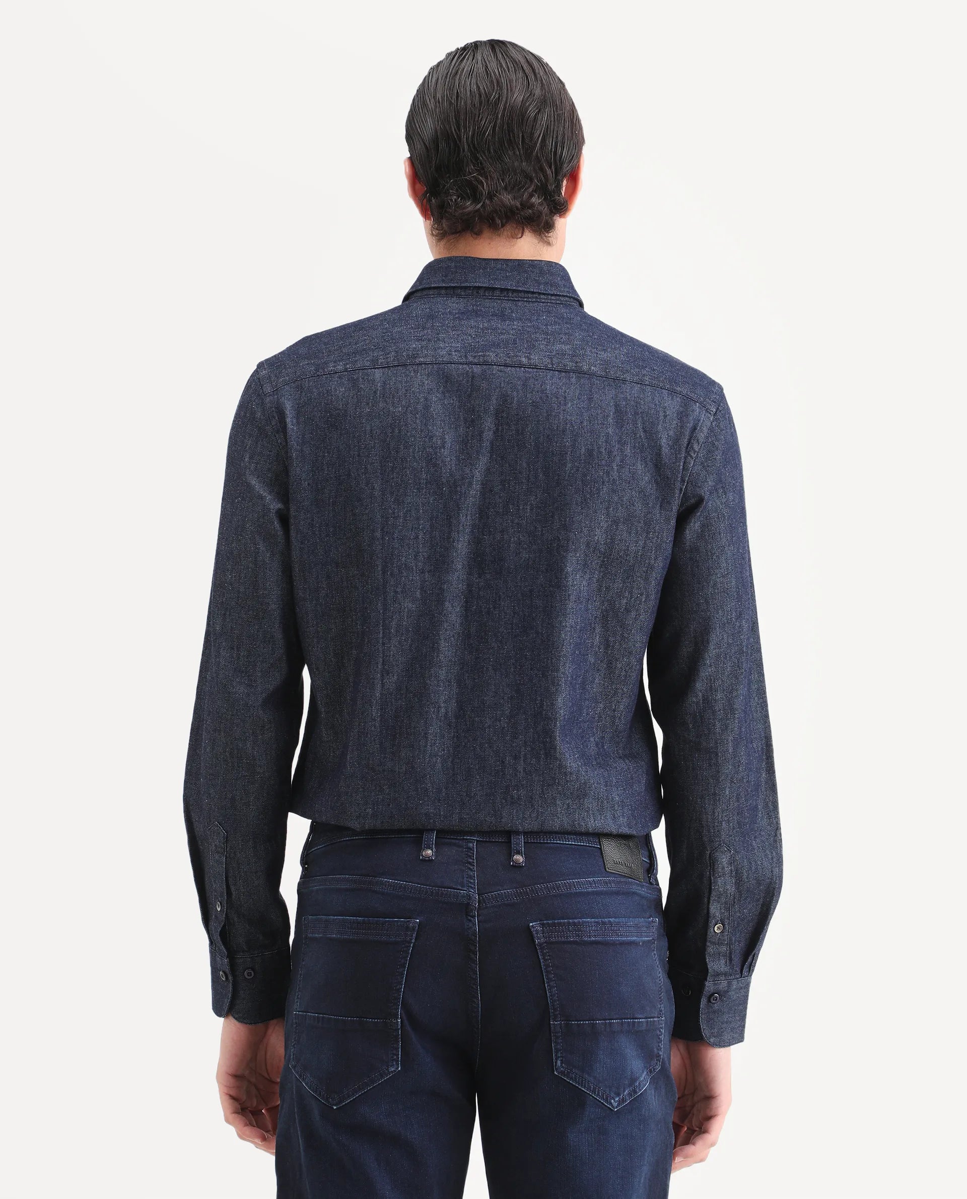 Rare Rabbit Men's Insti Dark Blue Cotton Fabric Full Sleeve Spread Collar Regular Fit Plain Shirt