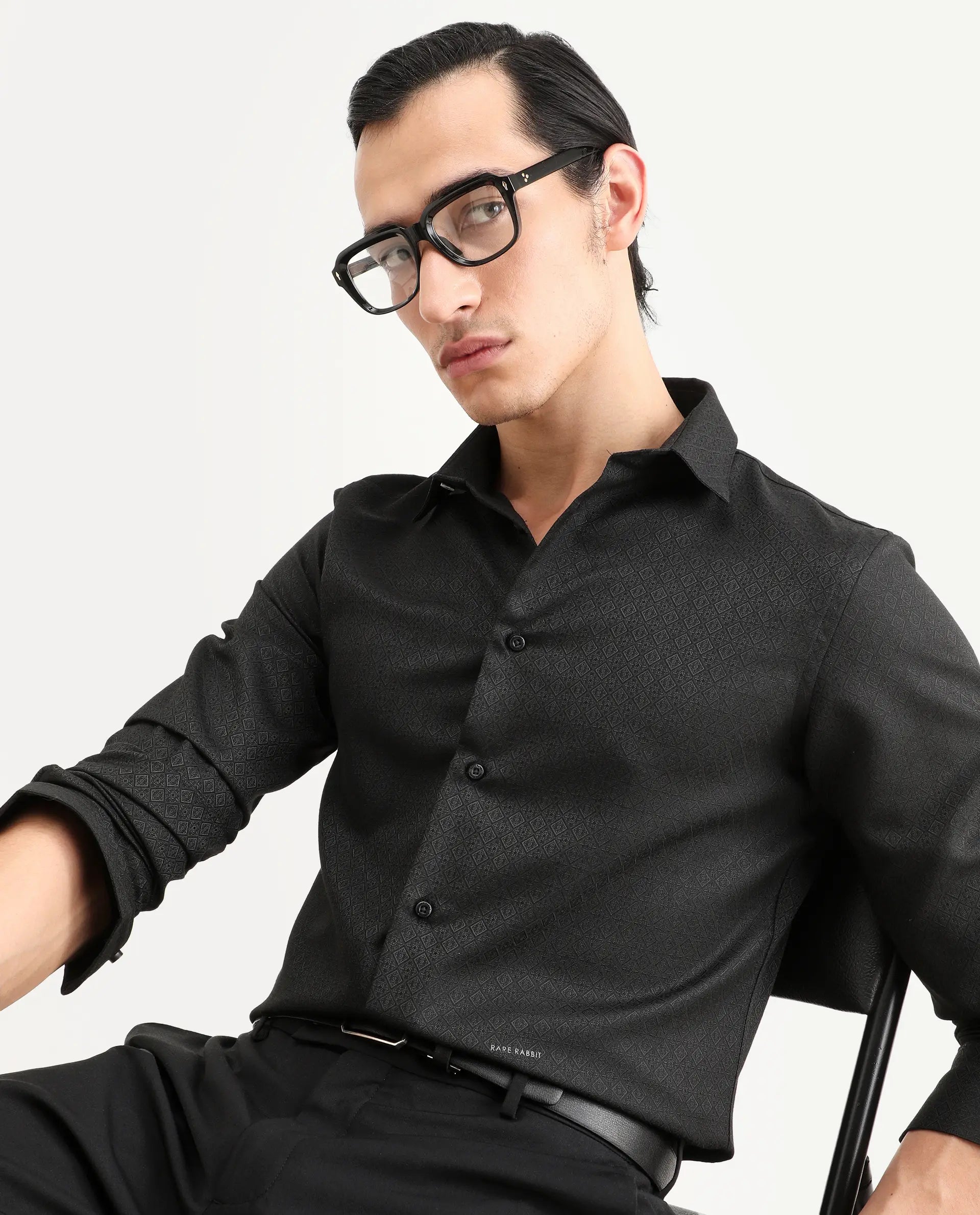 Rare Rabbit Men's Cherny Black Polyester Blend Fabric Full Sleeve Spread Collar Regular Fit Jcaquard Shirt