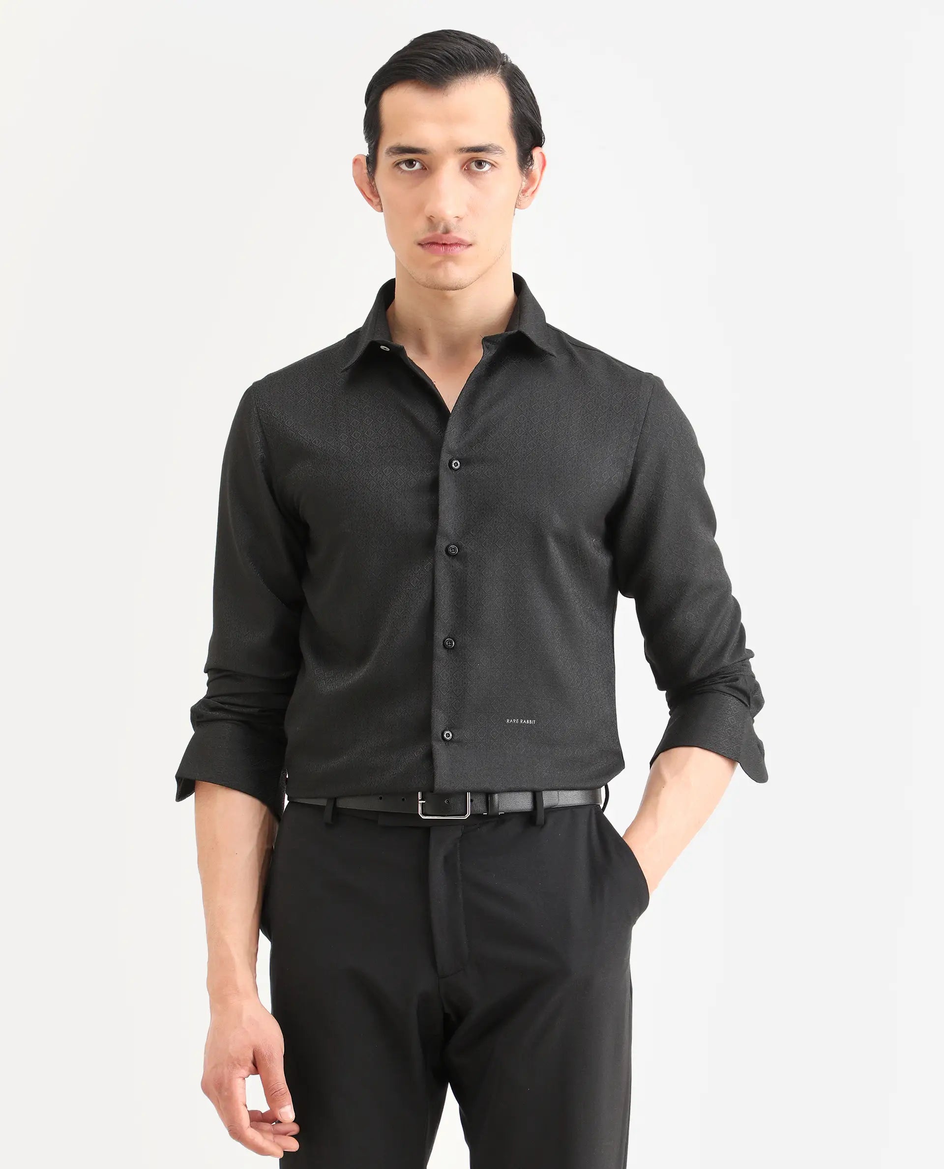 Rare Rabbit Men's Cherny Black Polyester Blend Fabric Full Sleeve Spread Collar Regular Fit Jcaquard Shirt