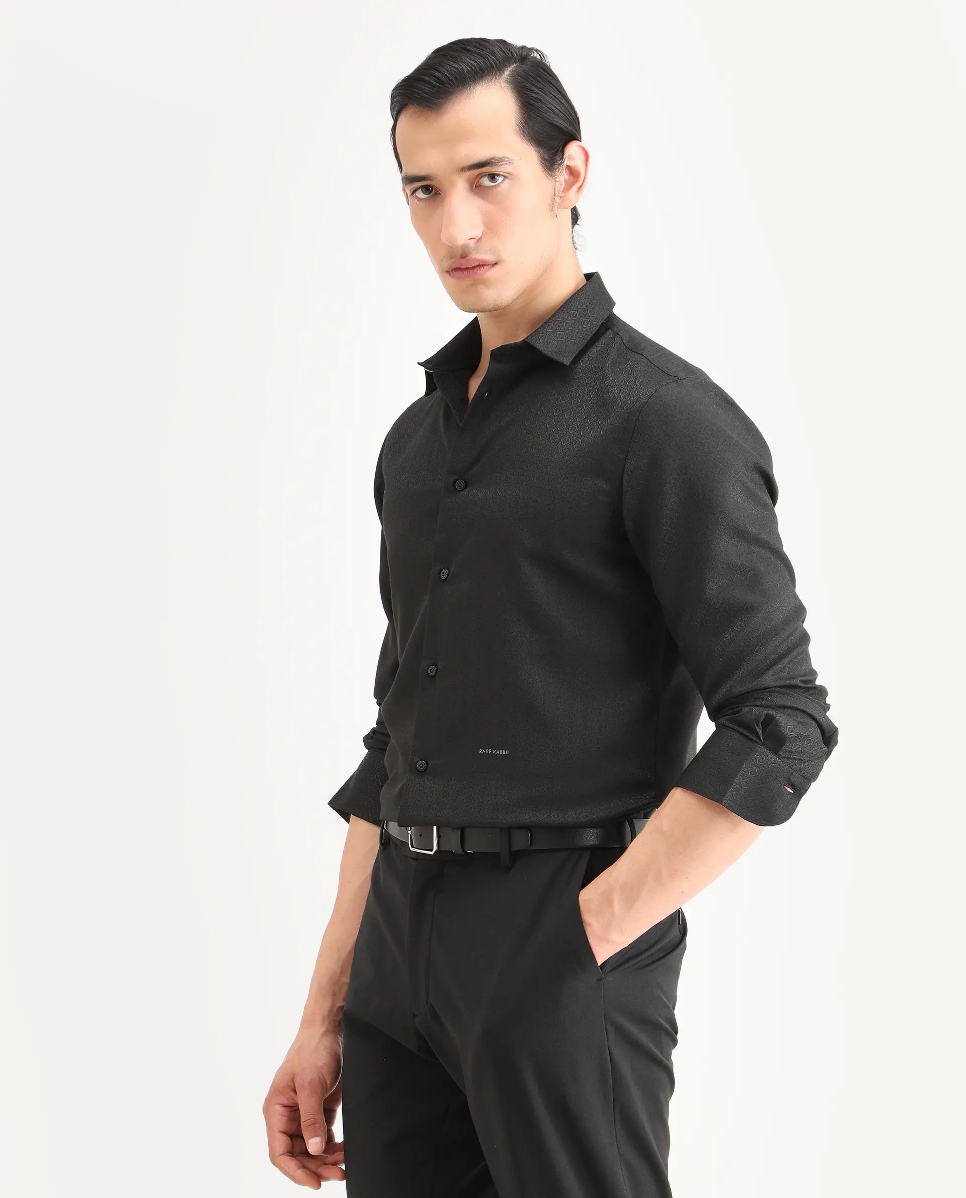 Rare Rabbit Men's Cherny Black Polyester Blend Fabric Full Sleeve Spread Collar Regular Fit Jcaquard Shirt