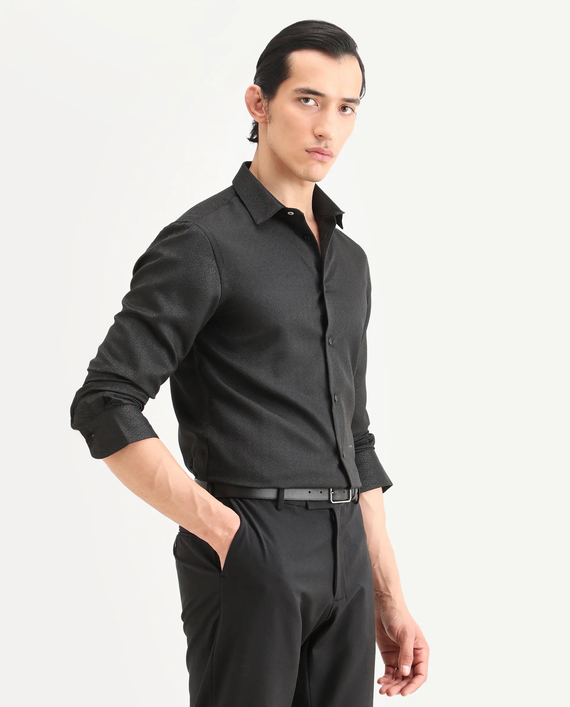 Rare Rabbit Men's Cherny Black Polyester Blend Fabric Full Sleeve Spread Collar Regular Fit Jcaquard Shirt