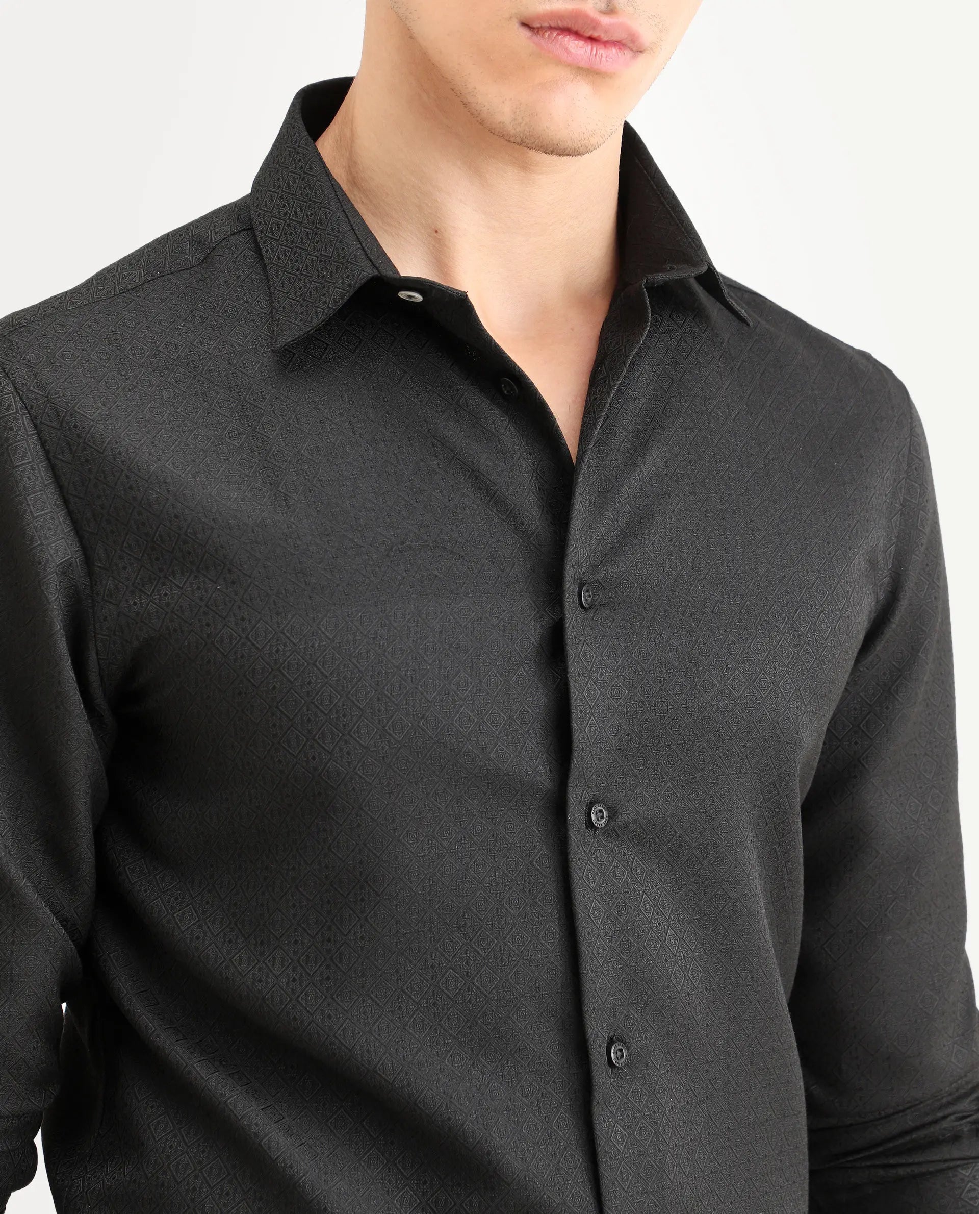 Rare Rabbit Men's Cherny Black Polyester Blend Fabric Full Sleeve Spread Collar Regular Fit Jcaquard Shirt