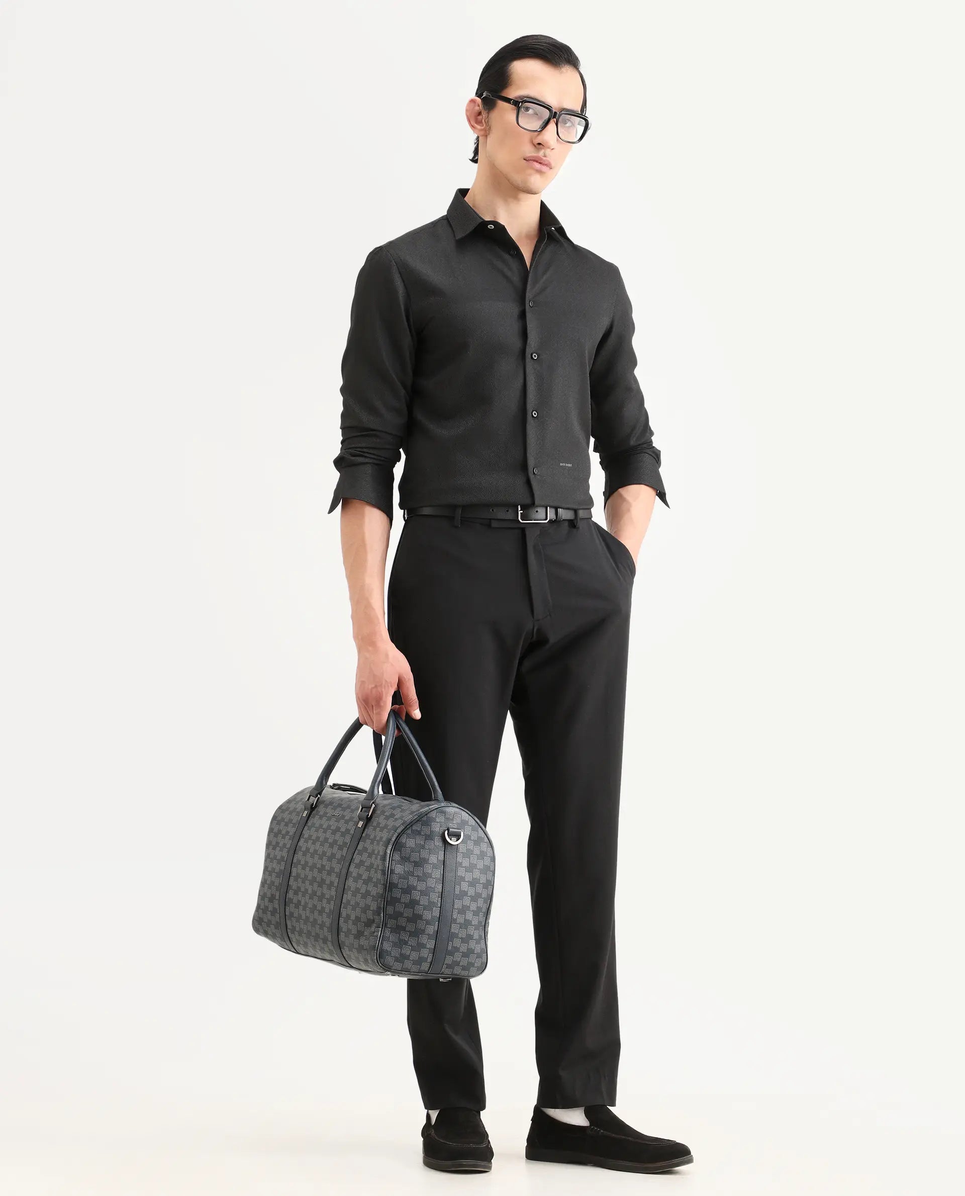 Rare Rabbit Men's Cherny Black Polyester Blend Fabric Full Sleeve Spread Collar Regular Fit Jcaquard Shirt