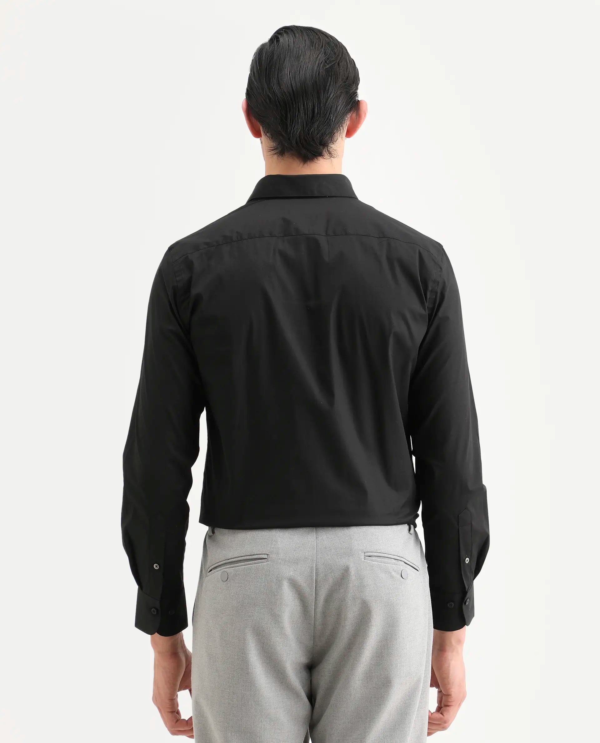 Rare Rabbit Men's Jewto Black Cotton Blend Fabric Full Sleeve Spread Collar Regular Fit Plain Shirt