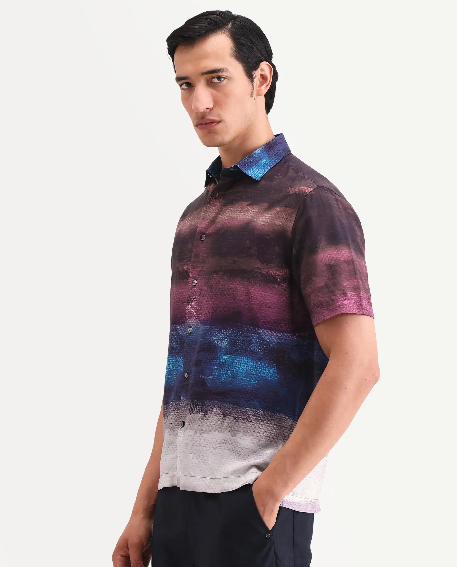 Rare Rabbit Men's Rombren Black Viscose Fabric Half Sleeve Spread Collar Regular Fit Ombre Shirt