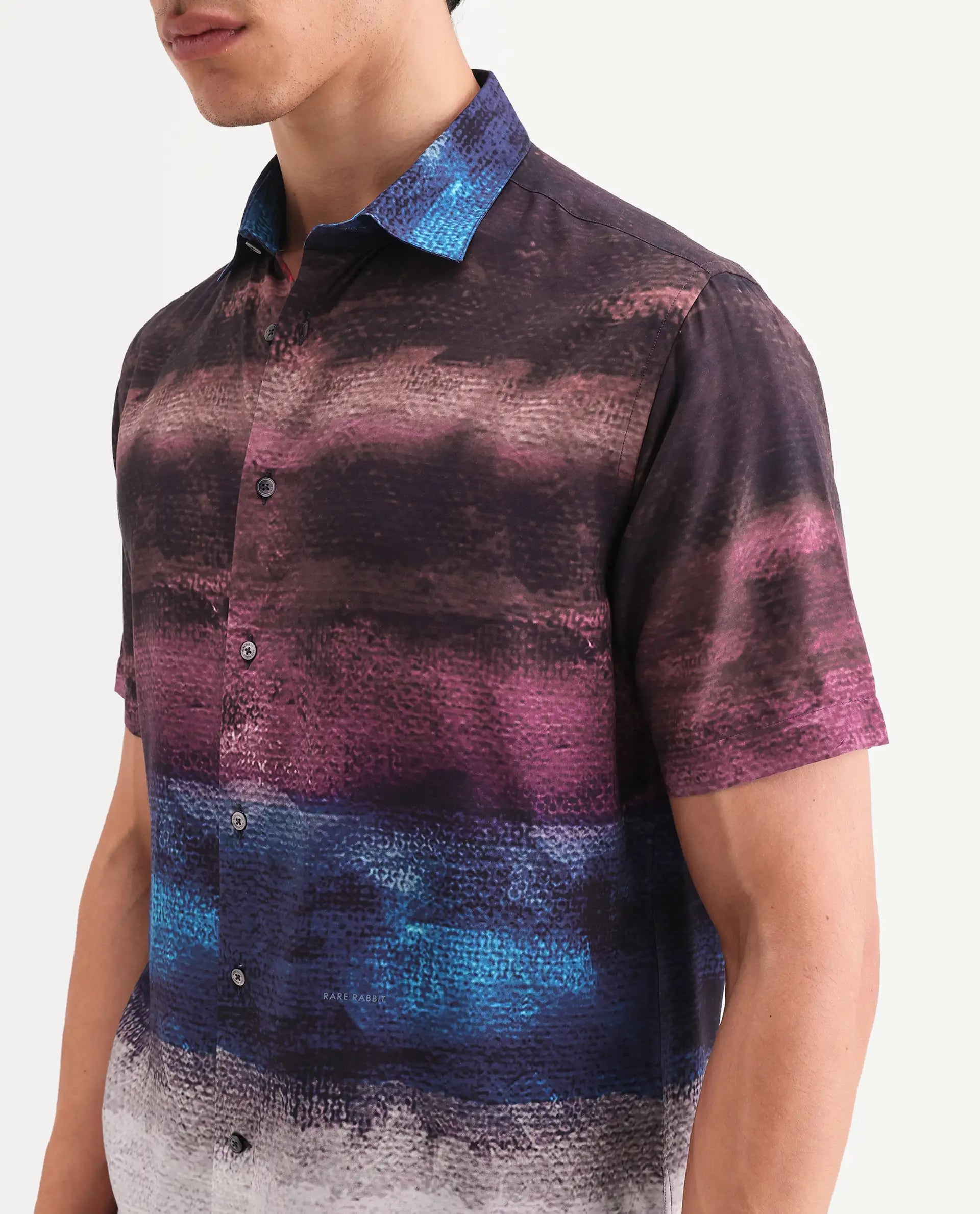 Rare Rabbit Men's Rombren Black Viscose Fabric Half Sleeve Spread Collar Regular Fit Ombre Shirt