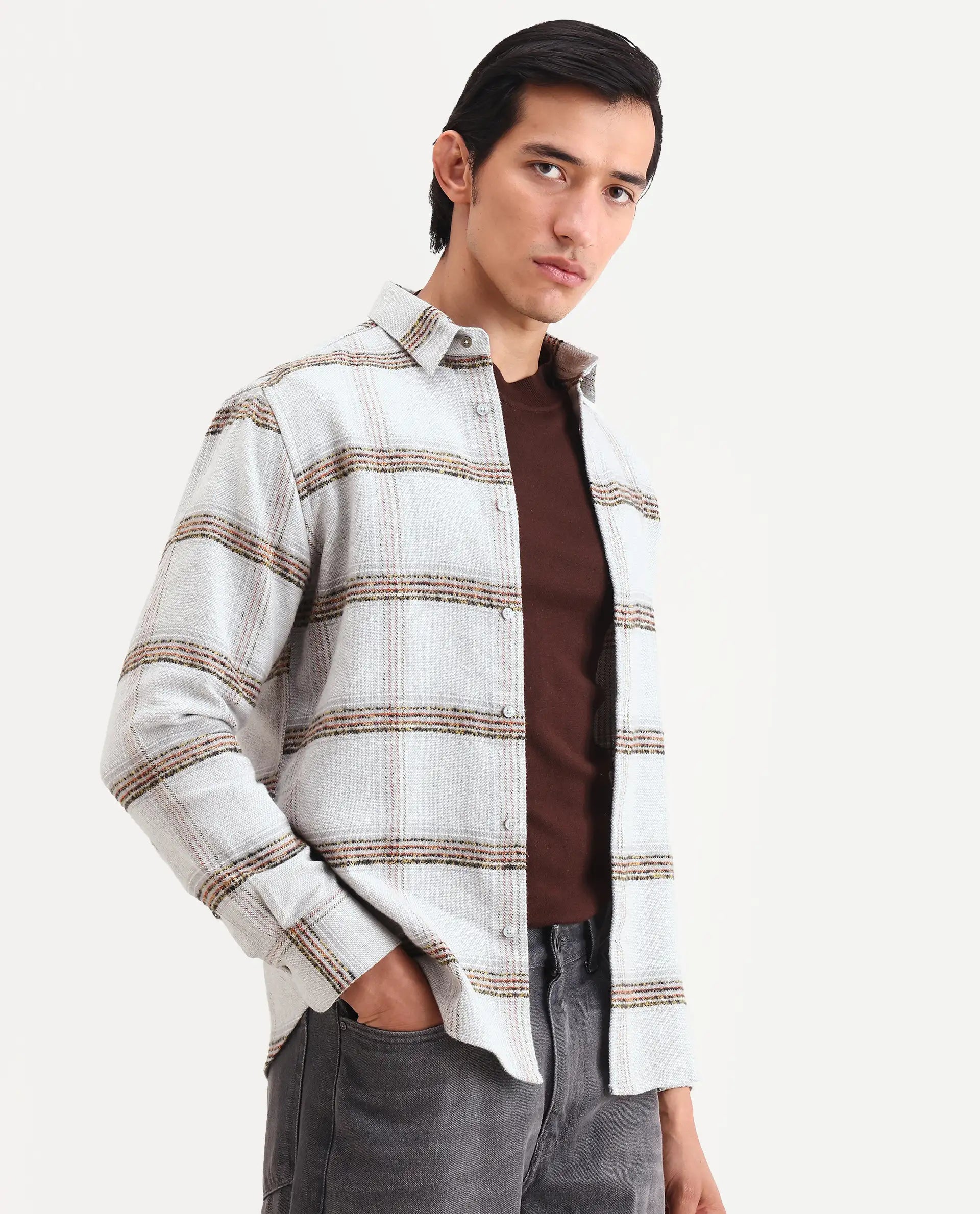 Rare Rabbit Men's Balo Light Grey Cotton Blend Fabric Full Sleeve Spread Collar Regular Fit Checked Shirt