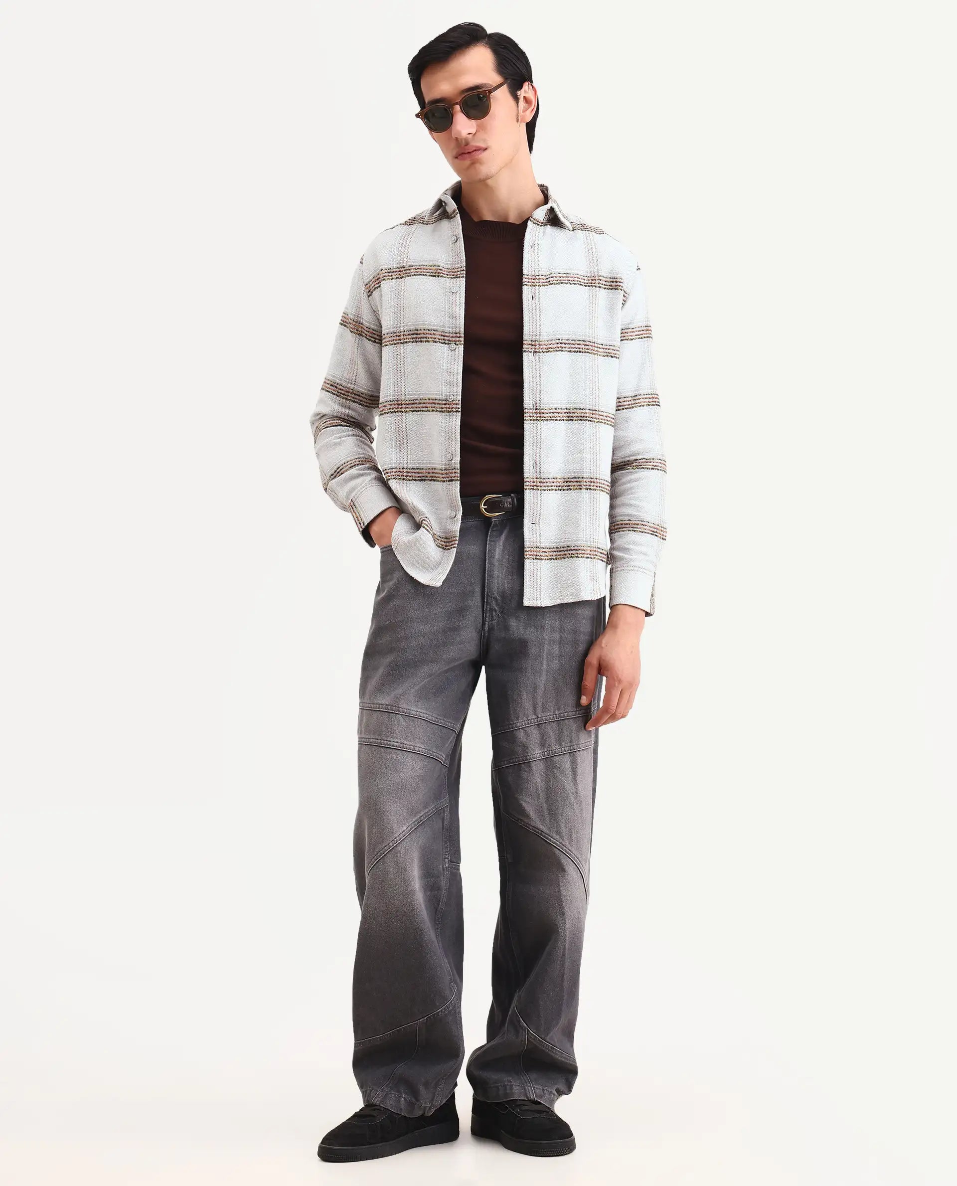 Rare Rabbit Men's Balo Light Grey Cotton Blend Fabric Full Sleeve Spread Collar Regular Fit Checked Shirt