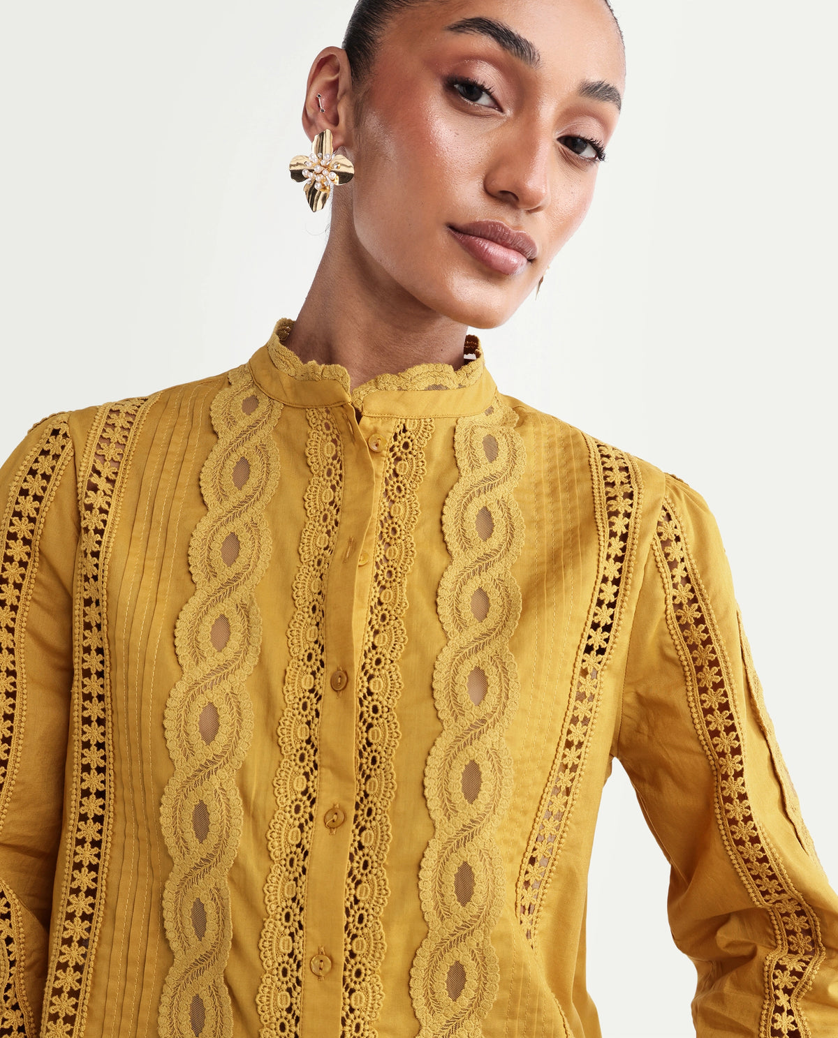 Rareism Women's Cilap Dark Yellow Cotton Full Sleeve Mandarin Collar Relaxed Fit Top