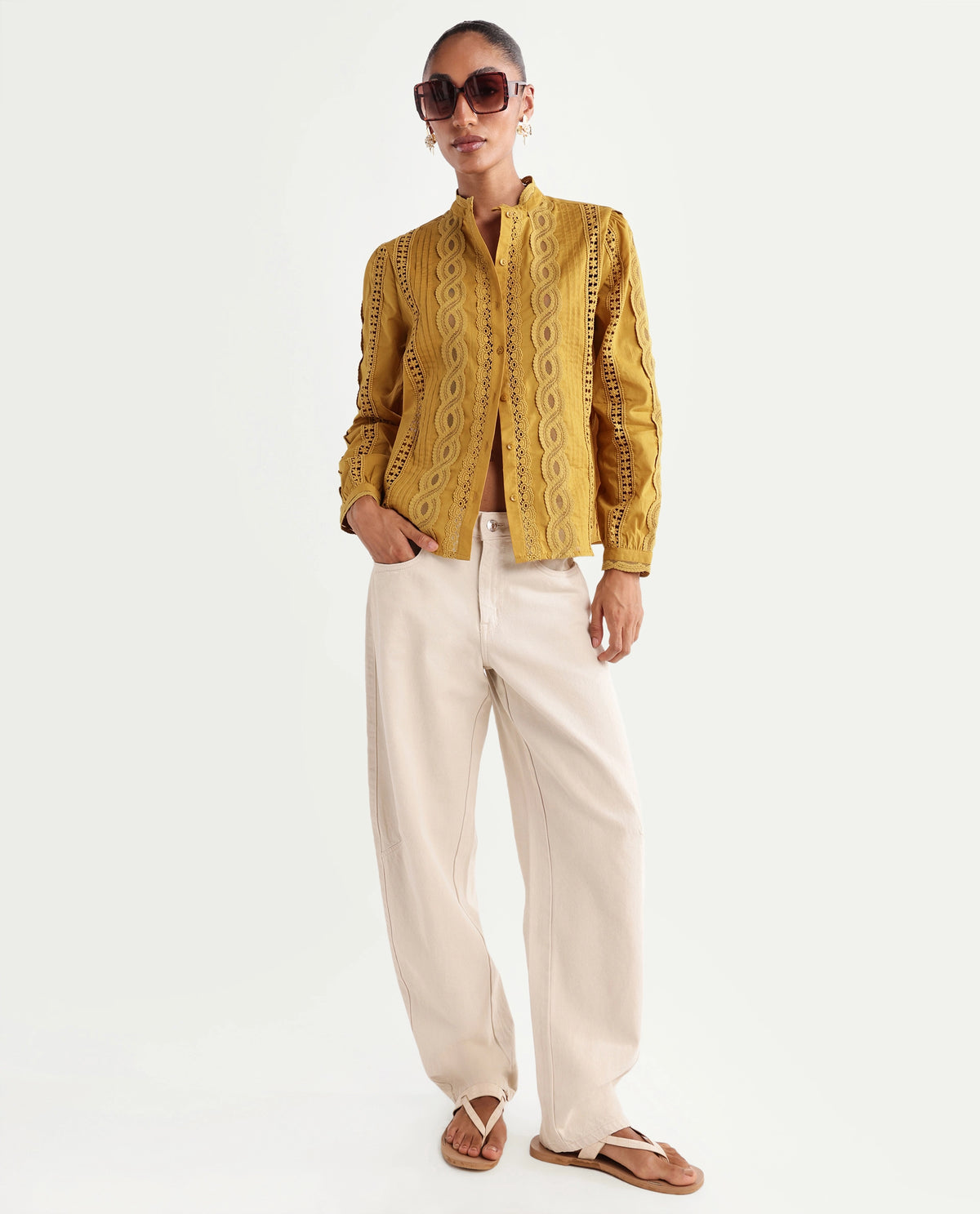 Rareism Women's Cilap Dark Yellow Cotton Full Sleeve Mandarin Collar Relaxed Fit Top