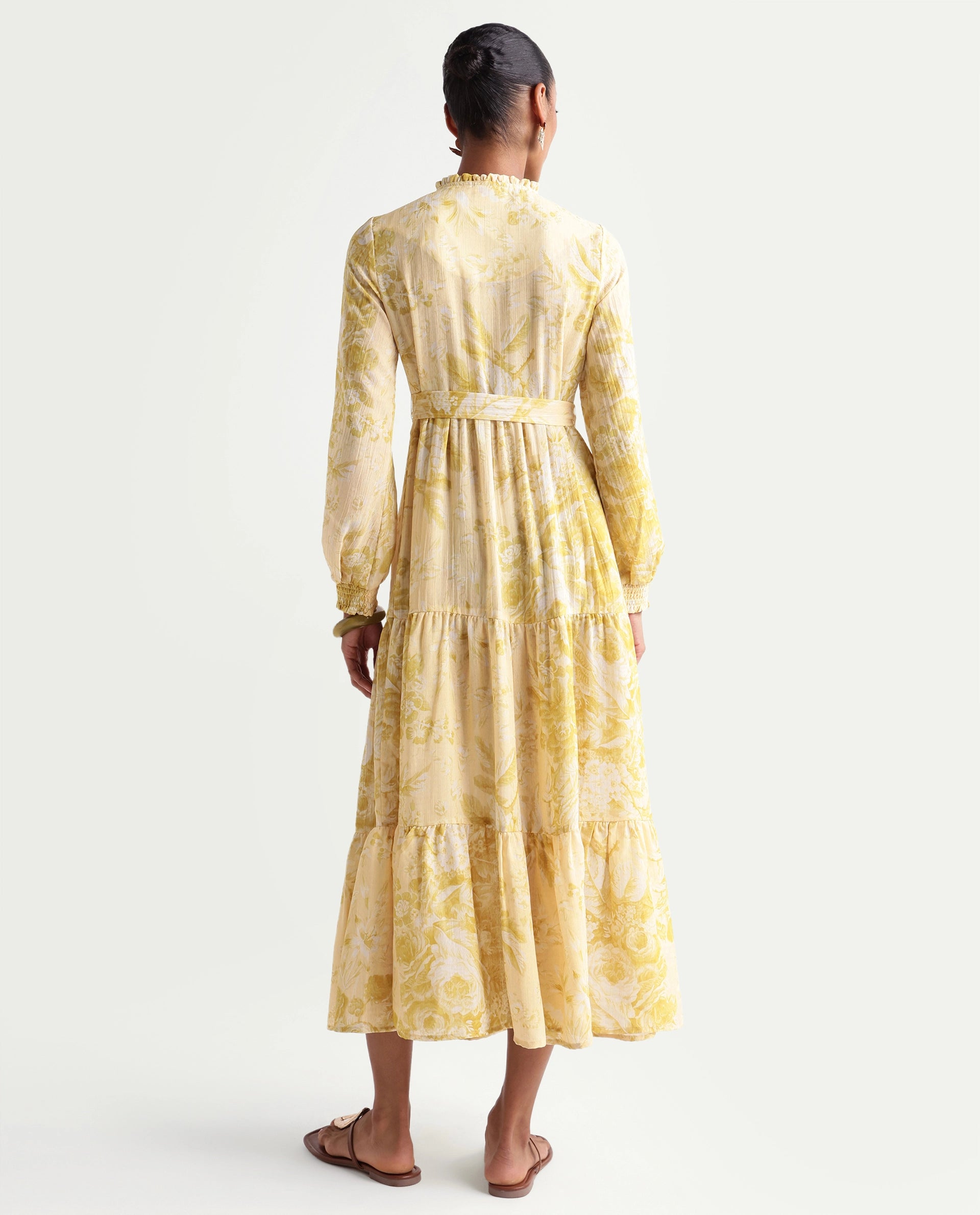 Rareism Women's Hany Mustard Polyester Ruffled Neck Fit And Flare Printed Dress