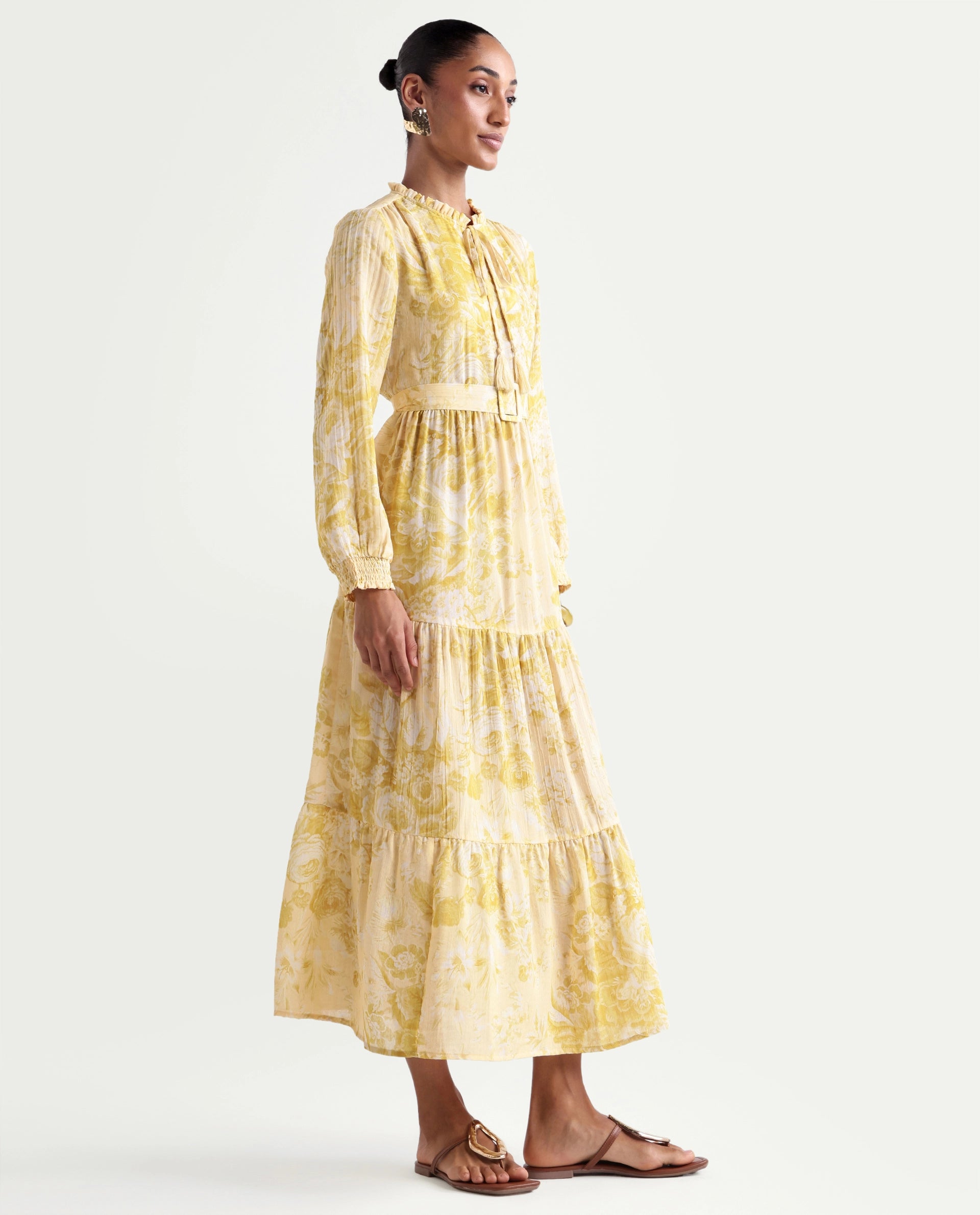 Rareism Women's Hany Mustard Polyester Ruffled Neck Fit And Flare Printed Dress