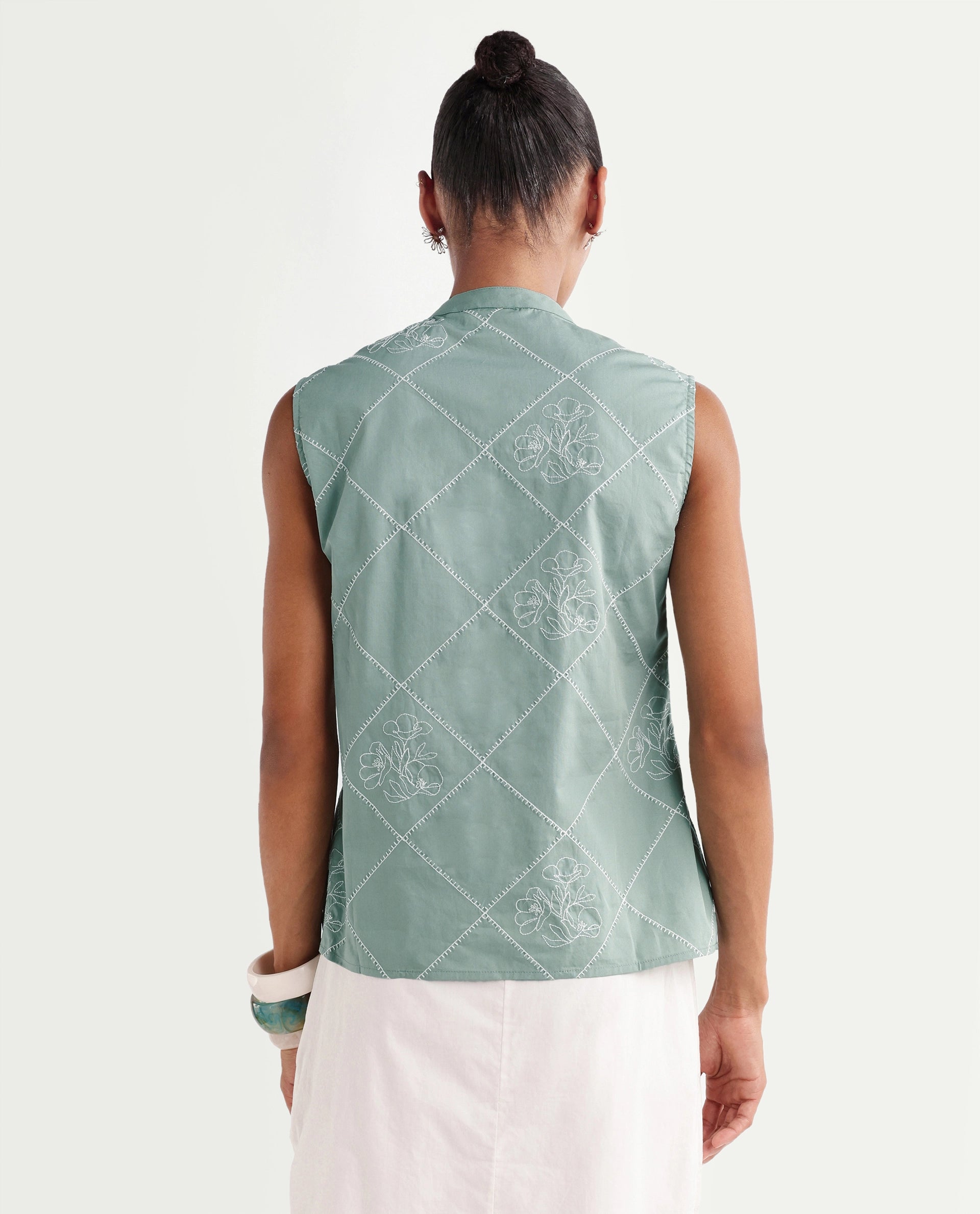 Rareism Women's Hax Dusky Green Cotton Sleeveless Band Collar Pull-On Regular Plain Top