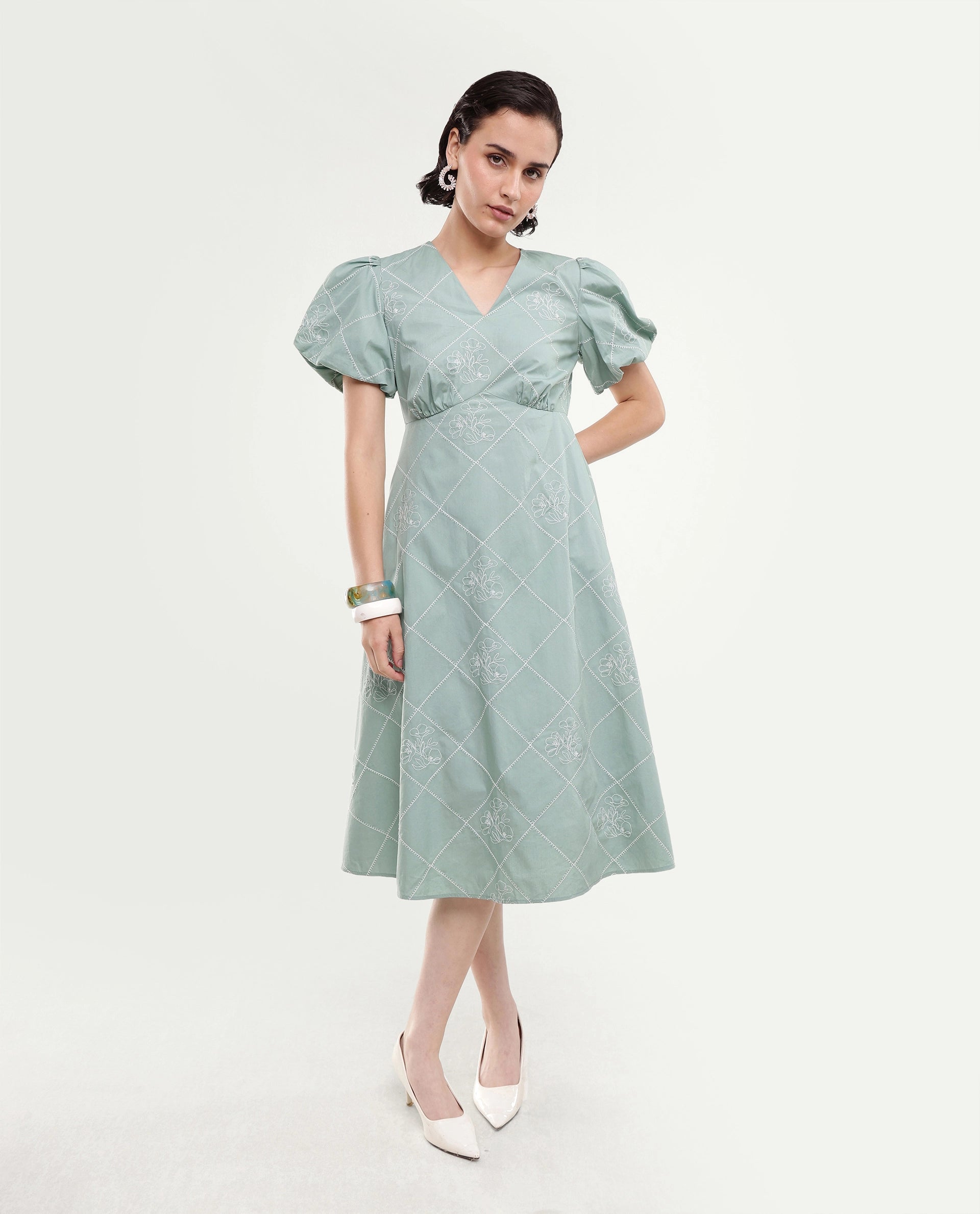 Rareism Women's Haxa Dusky Green Cotton Half Sleeve V-Neck Fit And Flare Plain Dress