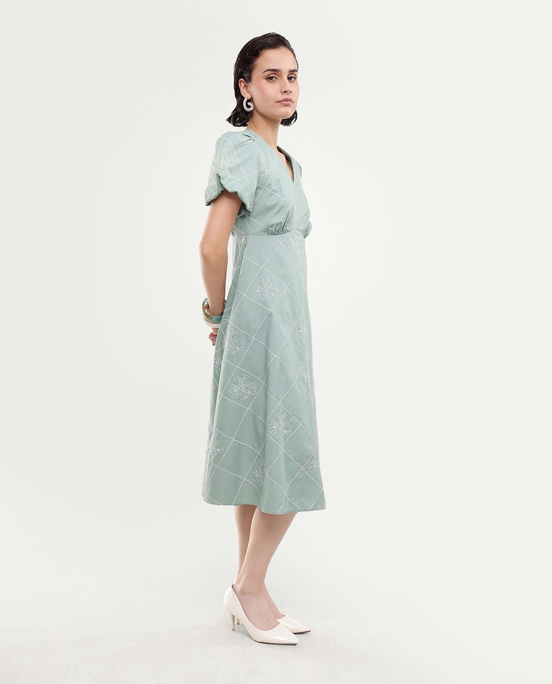 Rareism Women's Haxa Dusky Green Cotton Half Sleeve V-Neck Fit And Flare Plain Dress