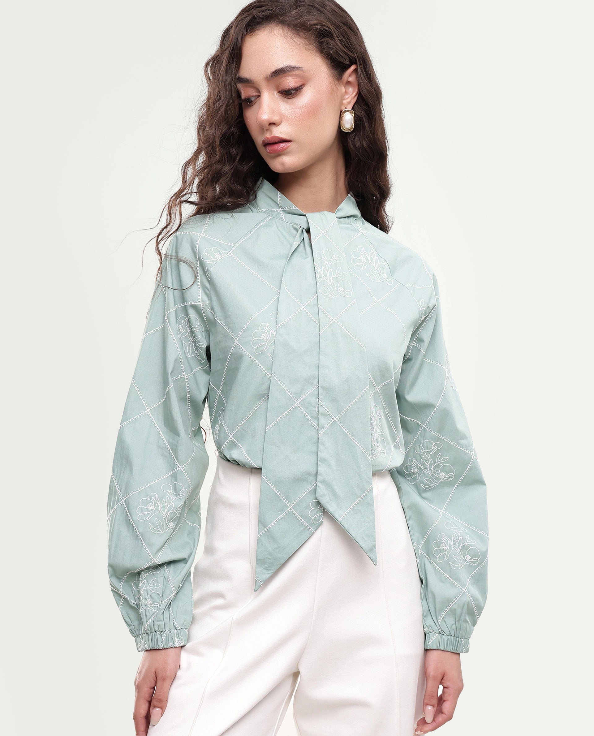 Rareism Women's Haxo Dusky Green Cotton Full Sleeve Tie-Up Relaxed Plain Top