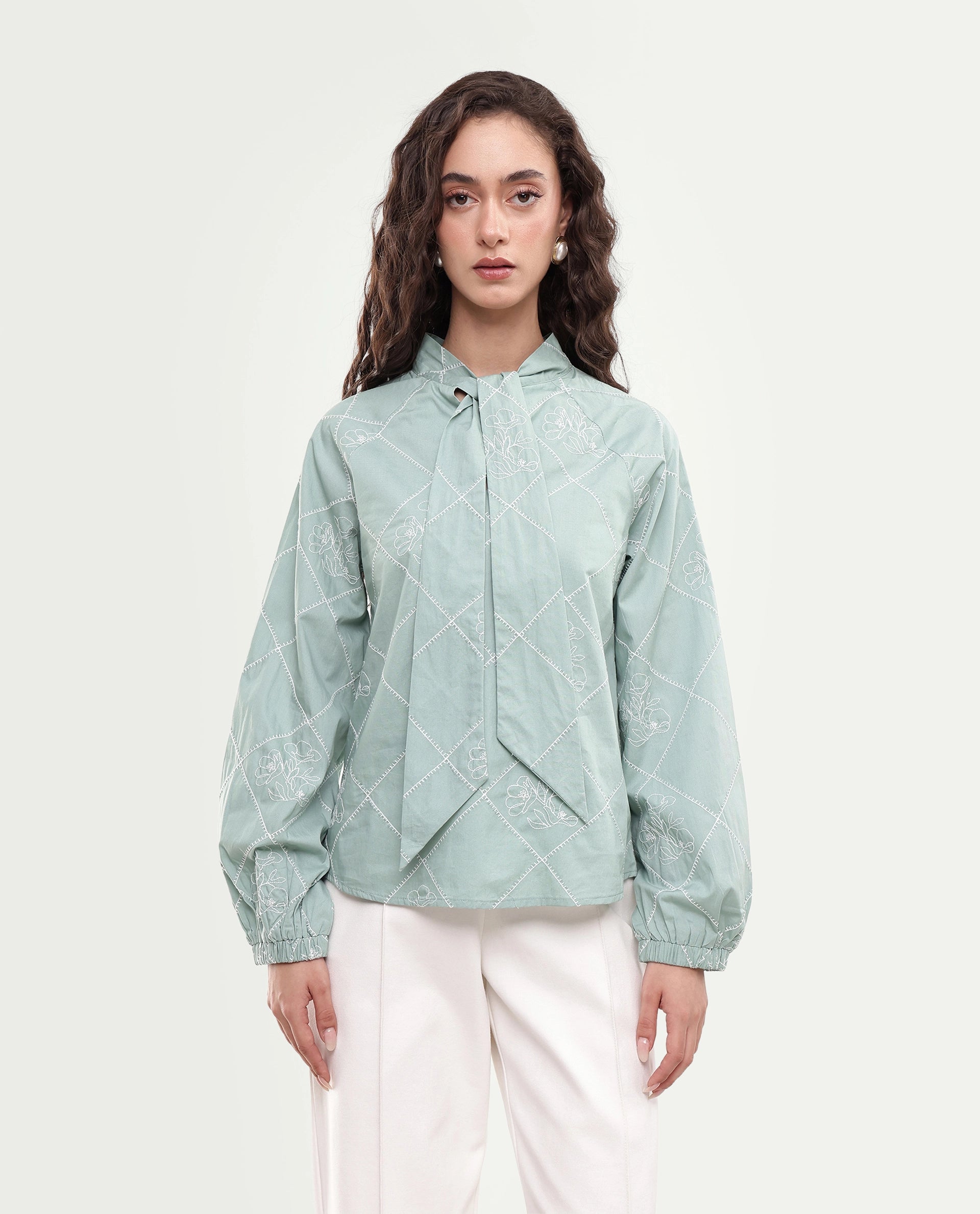 Rareism Women's Haxo Dusky Green Cotton Full Sleeve Tie-Up Relaxed Plain Top