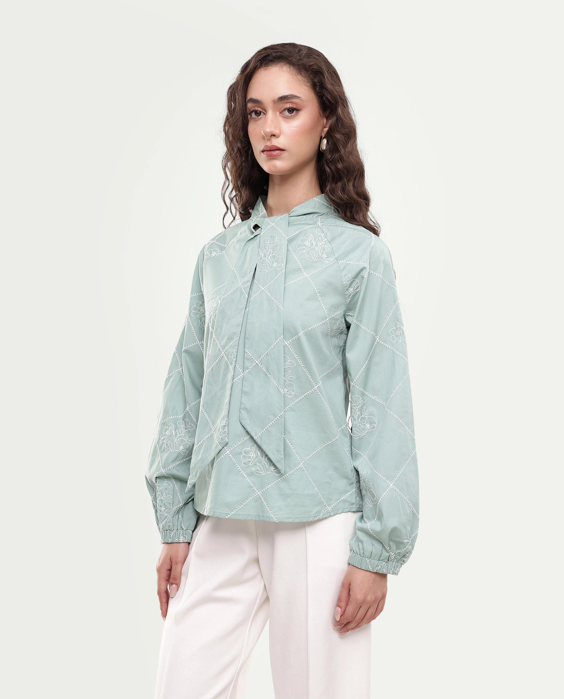 Rareism Women's Haxo Dusky Green Cotton Full Sleeve Tie-Up Relaxed Plain Top