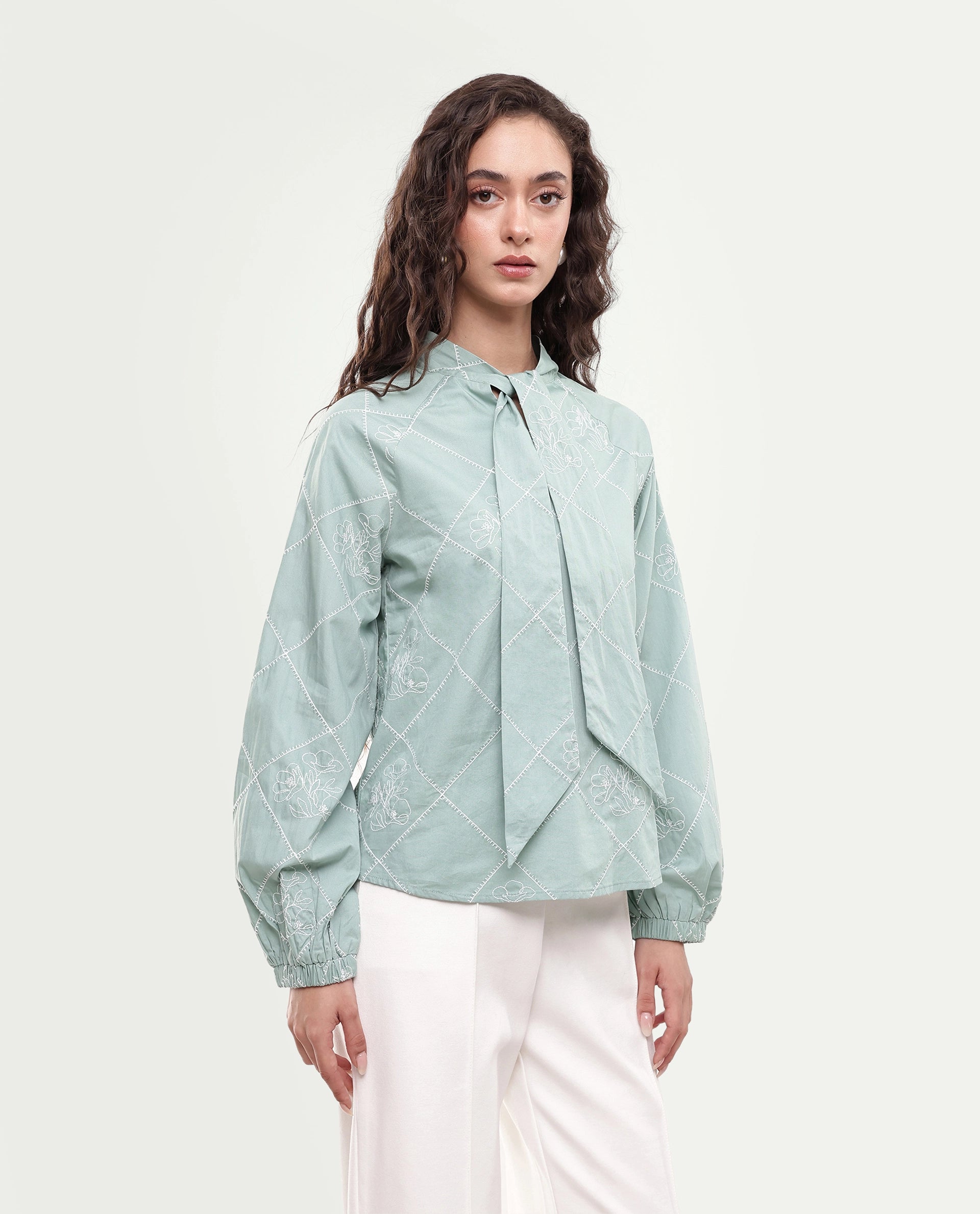 Rareism Women's Haxo Dusky Green Cotton Full Sleeve Tie-Up Relaxed Plain Top
