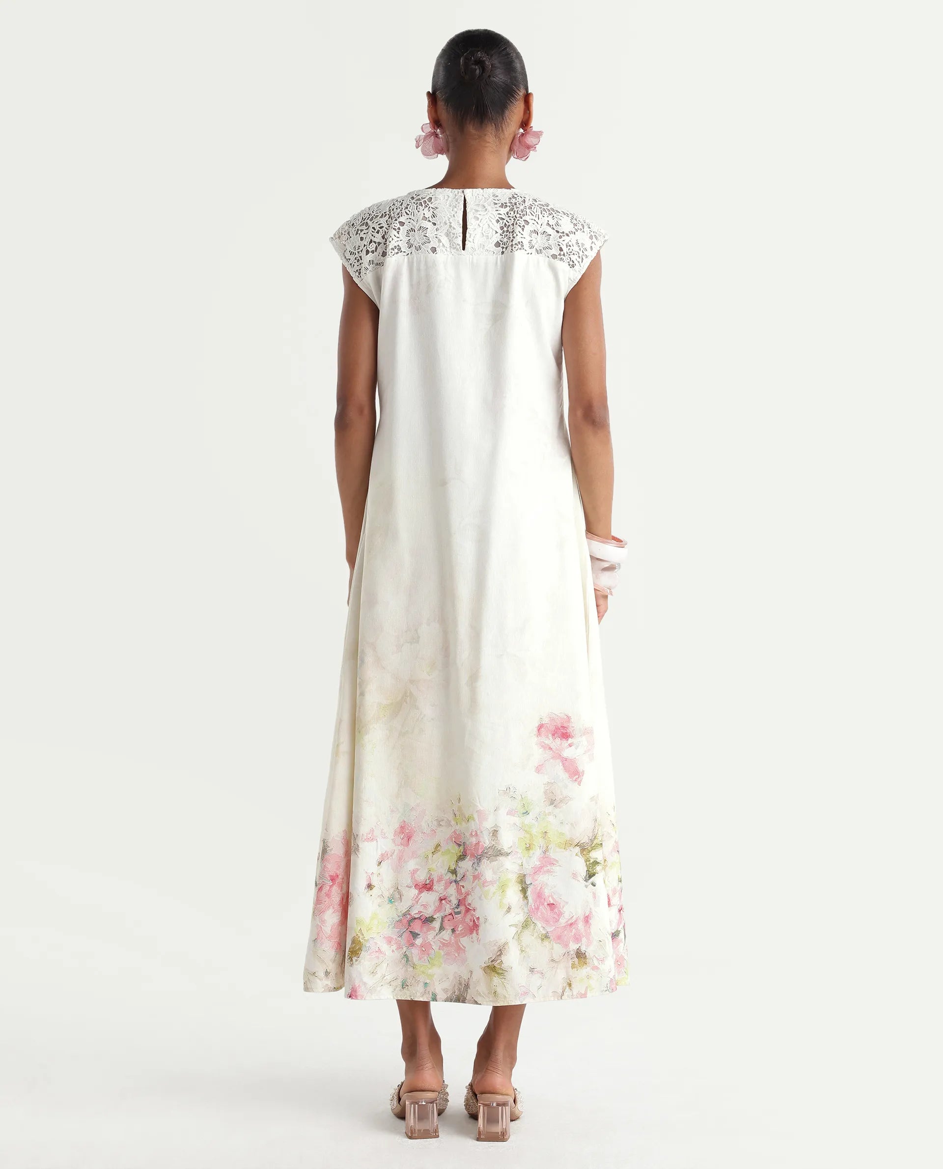 Rareism Women's Hego Off White Viscose Blend Fabric Crew Neck A-Line Floral Print Dress