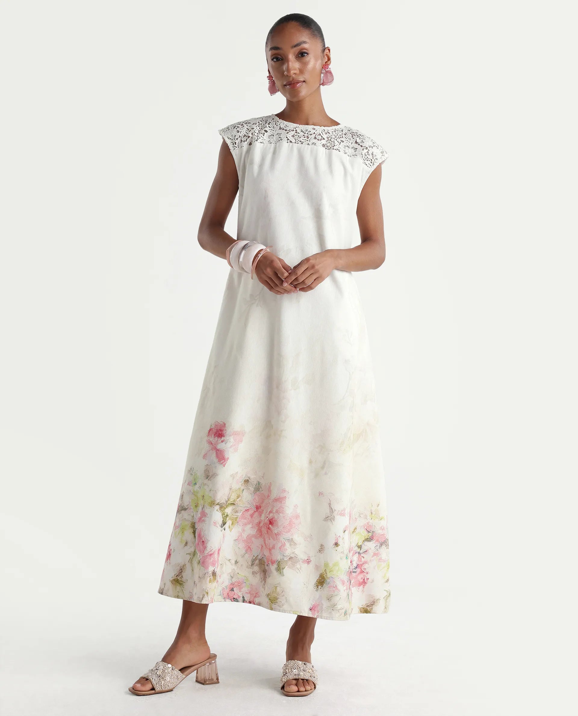 Rareism Women's Hego Off White Viscose Blend Fabric Crew Neck A-Line Floral Print Dress