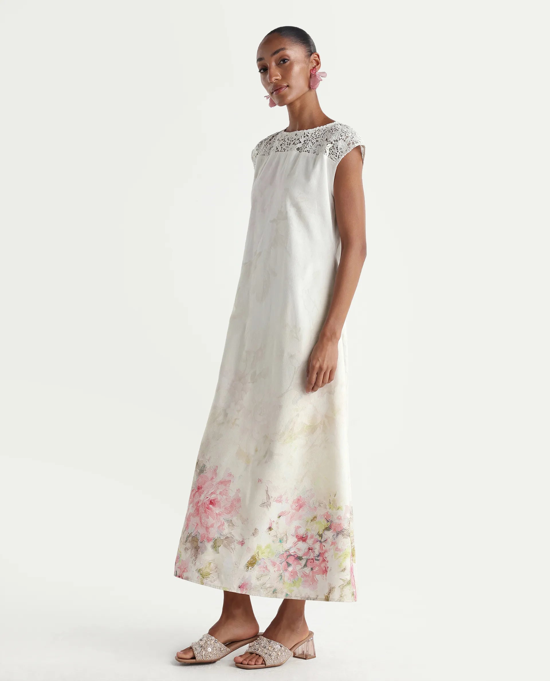 Rareism Women's Hego Off White Viscose Blend Fabric Crew Neck A-Line Floral Print Dress