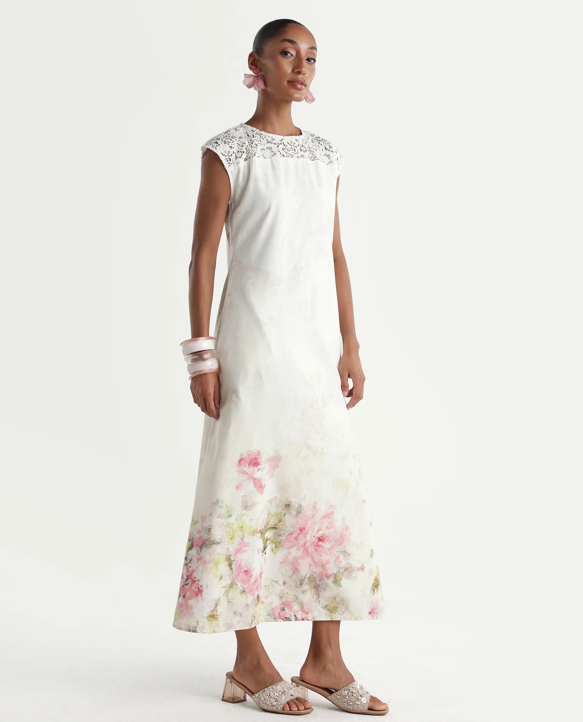 Rareism Women's Hego Off White Viscose Blend Fabric Crew Neck A-Line Floral Print Dress
