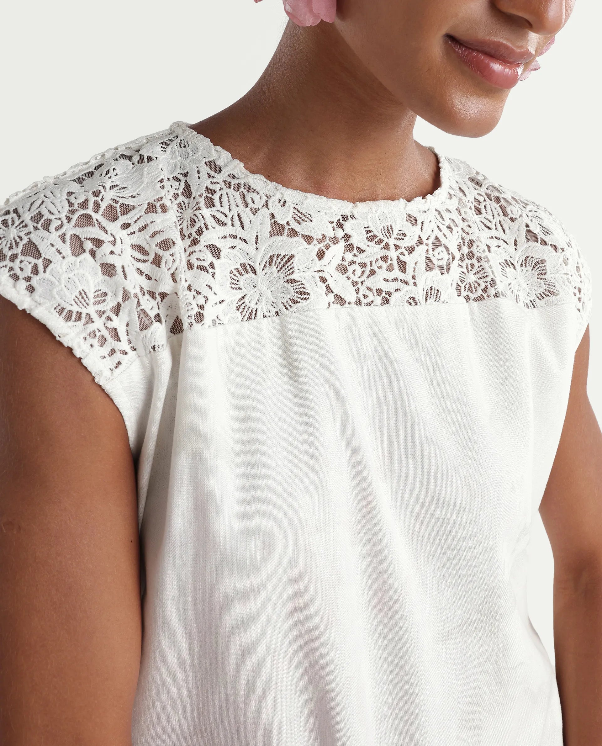 Rareism Women's Hego Off White Viscose Blend Fabric Crew Neck A-Line Floral Print Dress