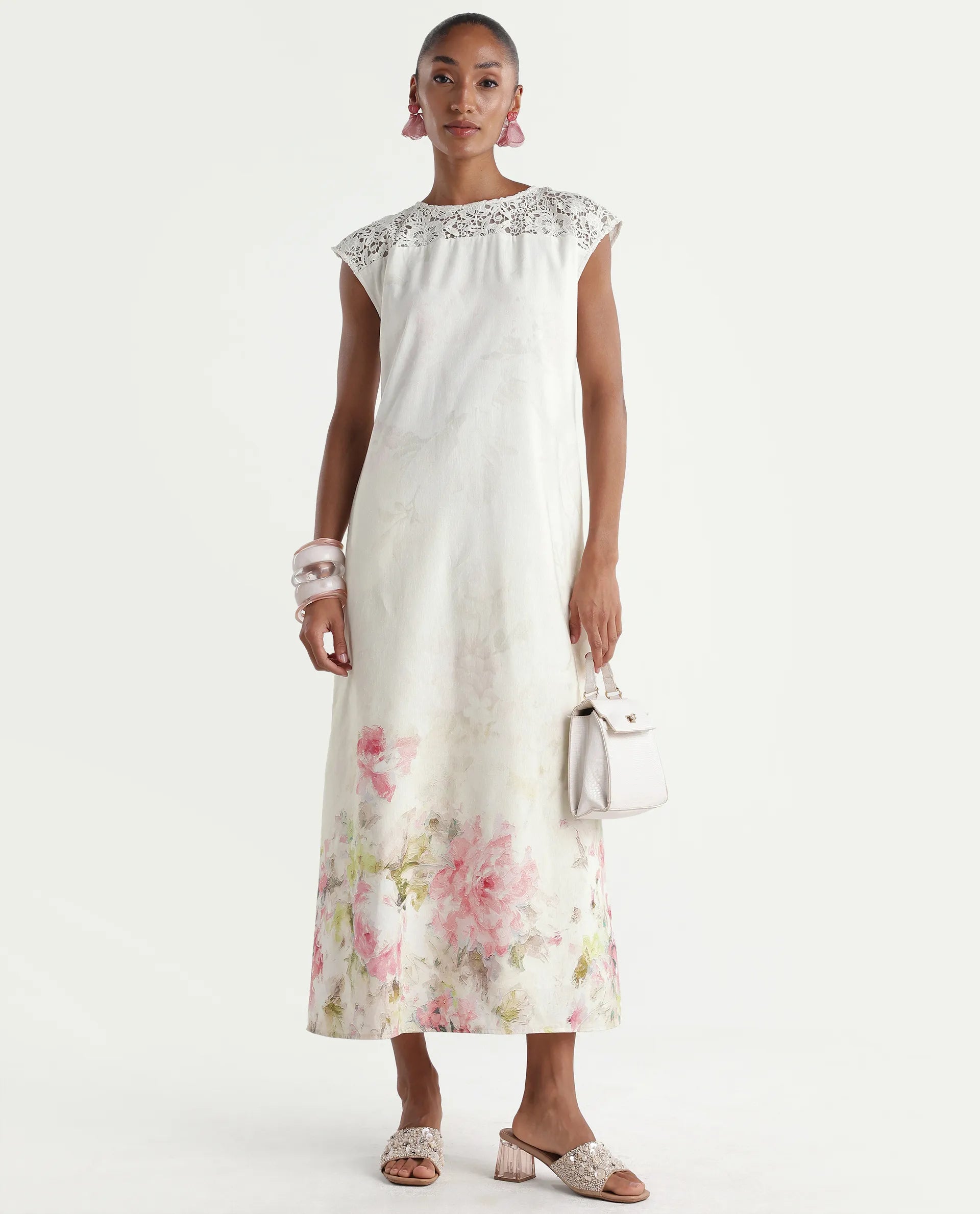 Rareism Women's Hego Off White Viscose Blend Fabric Crew Neck A-Line Floral Print Dress