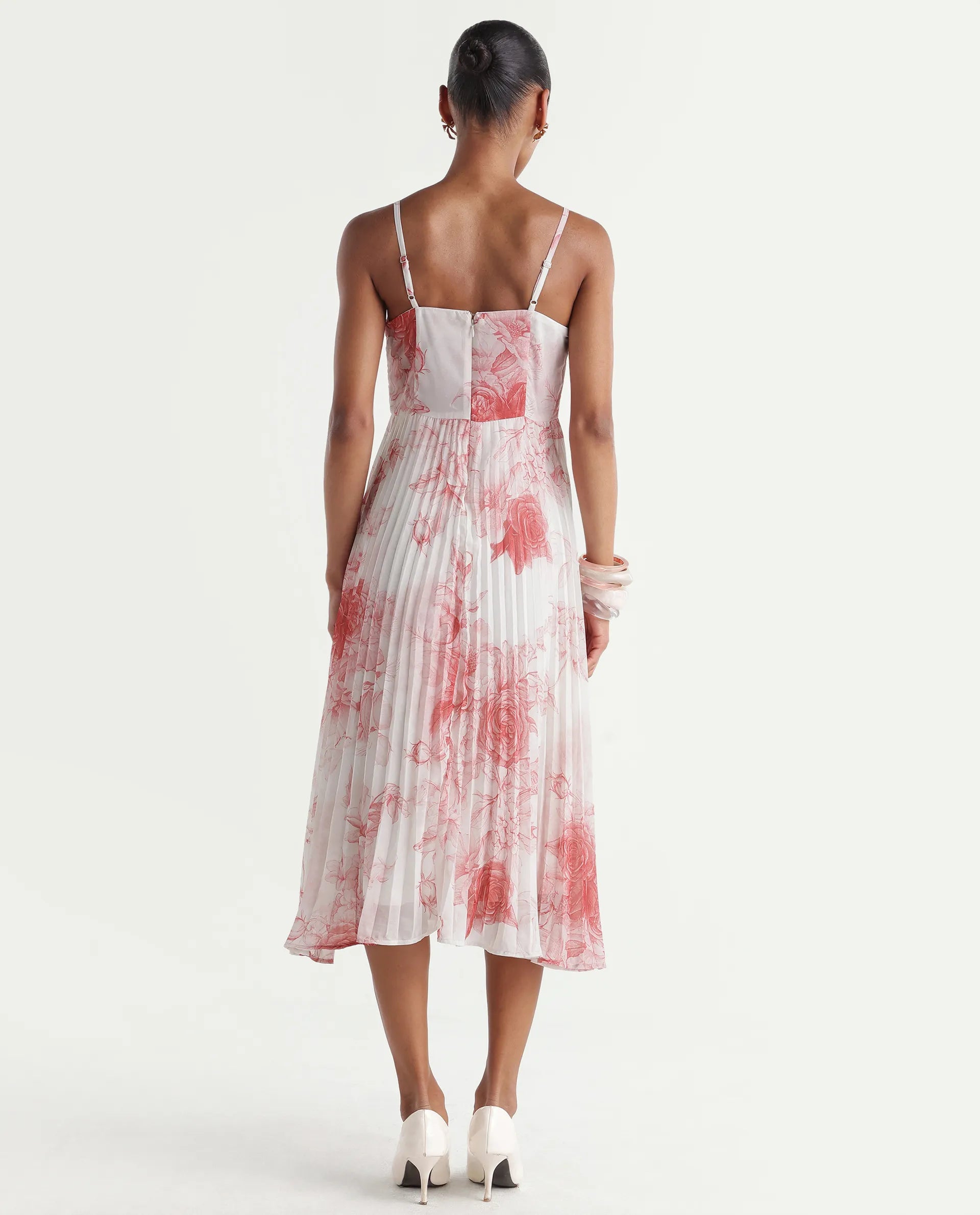 Rareism Women's Henvo Off White Polyester Tube Neck Fit And Flare Floral Print Dress