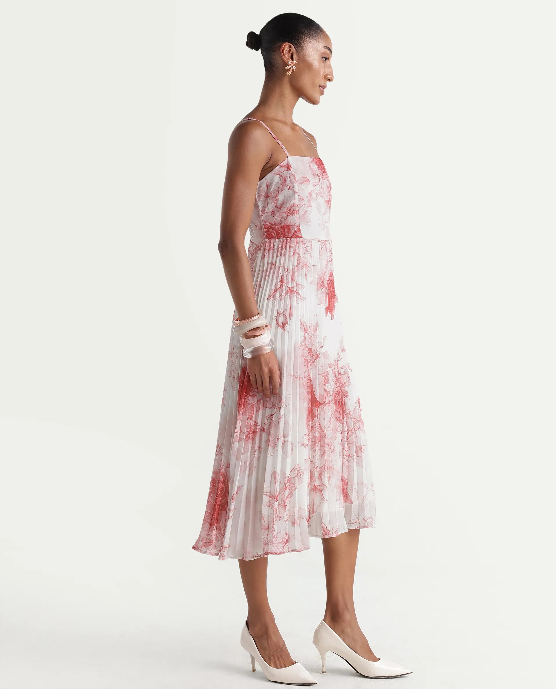Rareism Women's Henvo Off White Polyester Tube Neck Fit And Flare Floral Print Dress