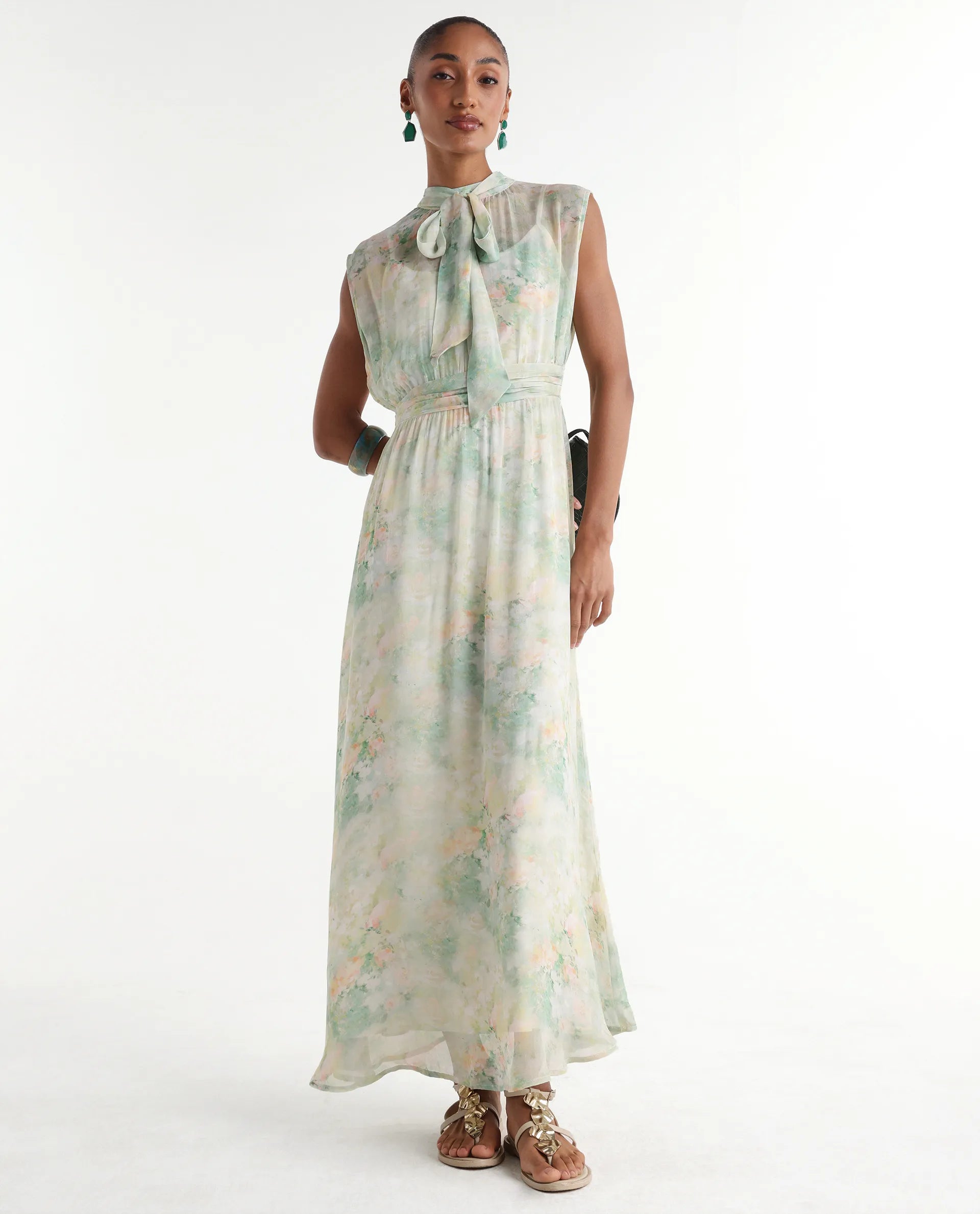 Rareism Women's Hian Light Green Viscose Blend High Neck Fit And Flare All Over Print Dress