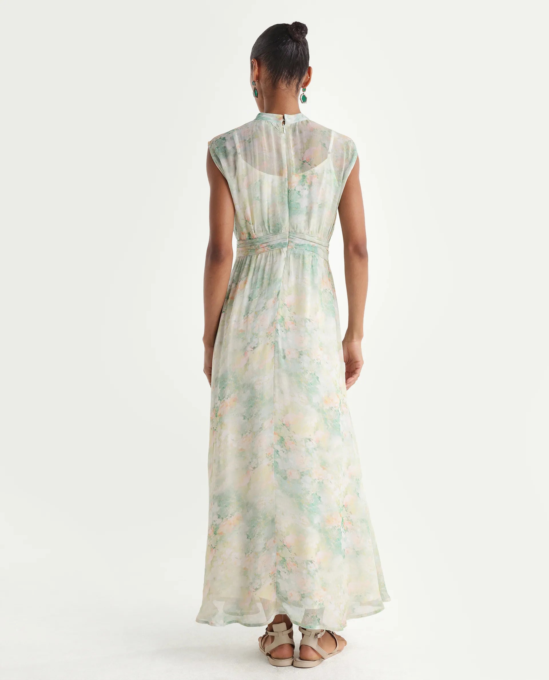 Rareism Women's Hian Light Green Viscose Blend High Neck Fit And Flare All Over Print Dress