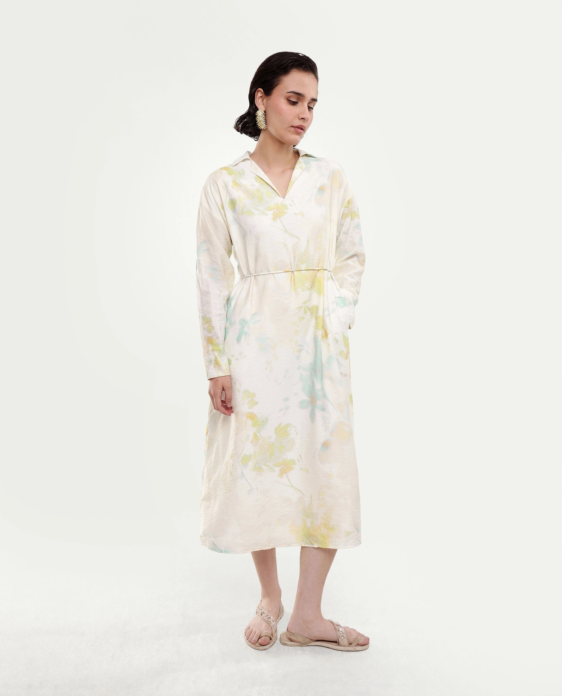 Rareism Women's Hrix Light Green Viscose Blend Lapel Neck A-Line All Over Print Dress