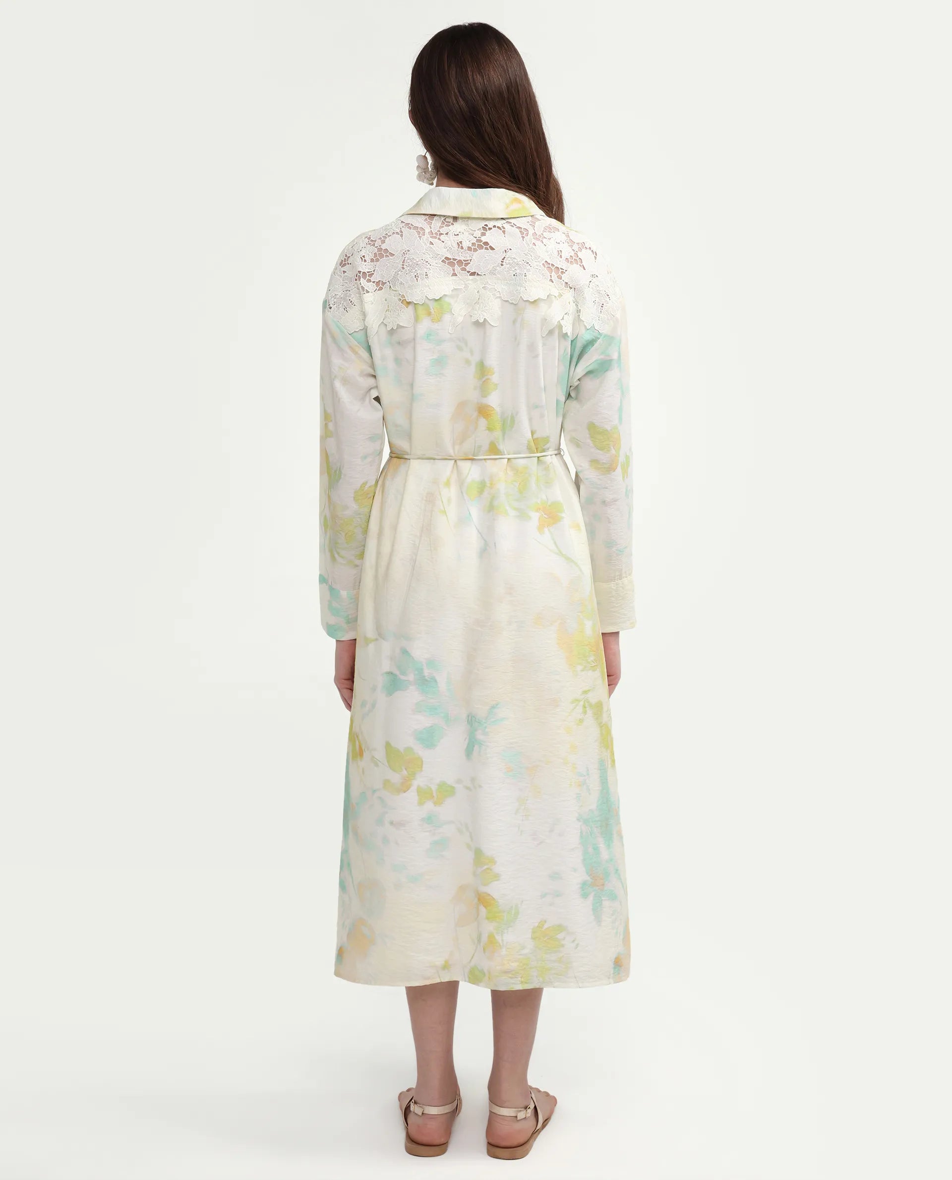Rareism Women's Hrix Light Green Viscose Blend Lapel Neck A-Line All Over Print Dress