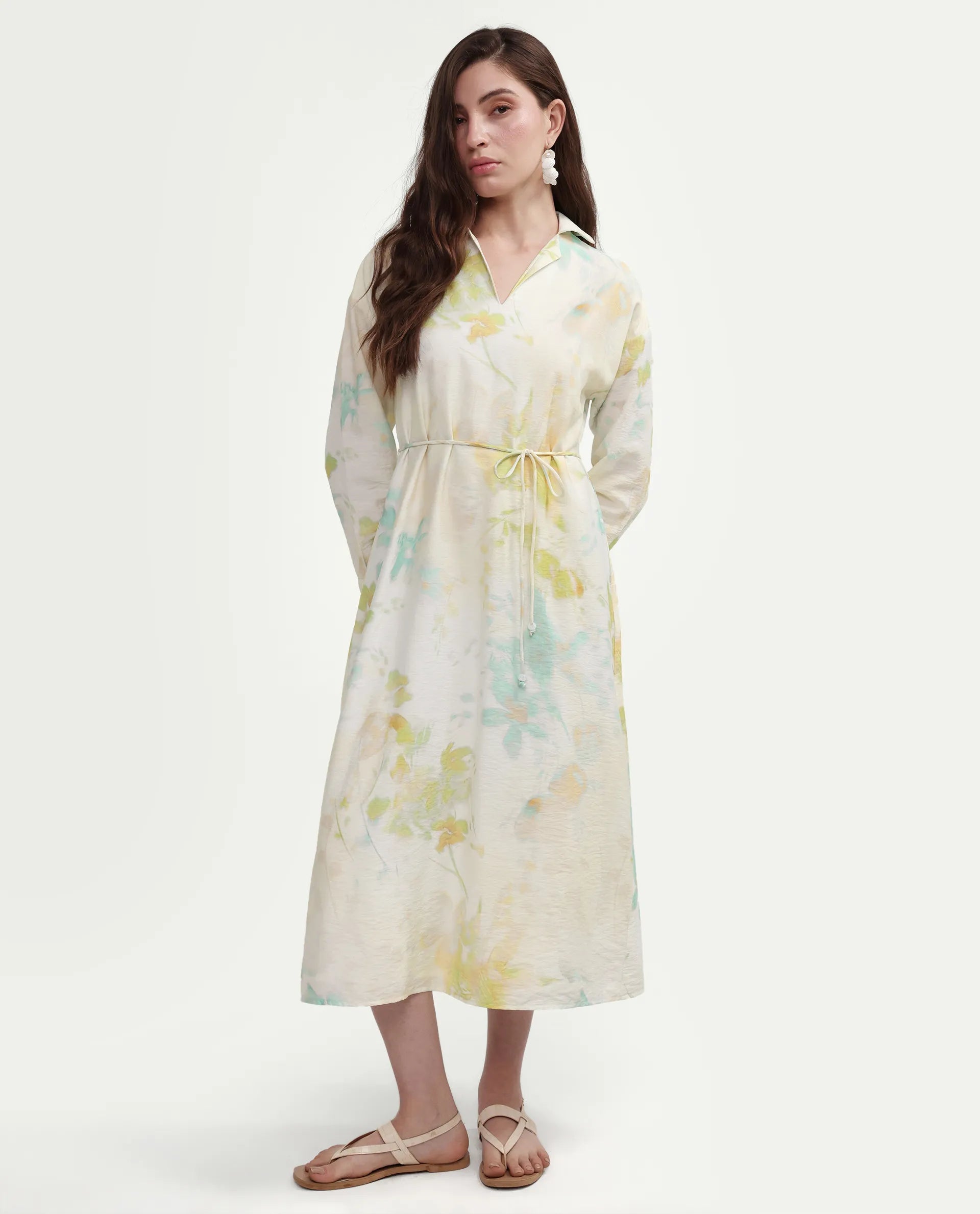 Rareism Women's Hrix Light Green Viscose Blend Lapel Neck A-Line All Over Print Dress