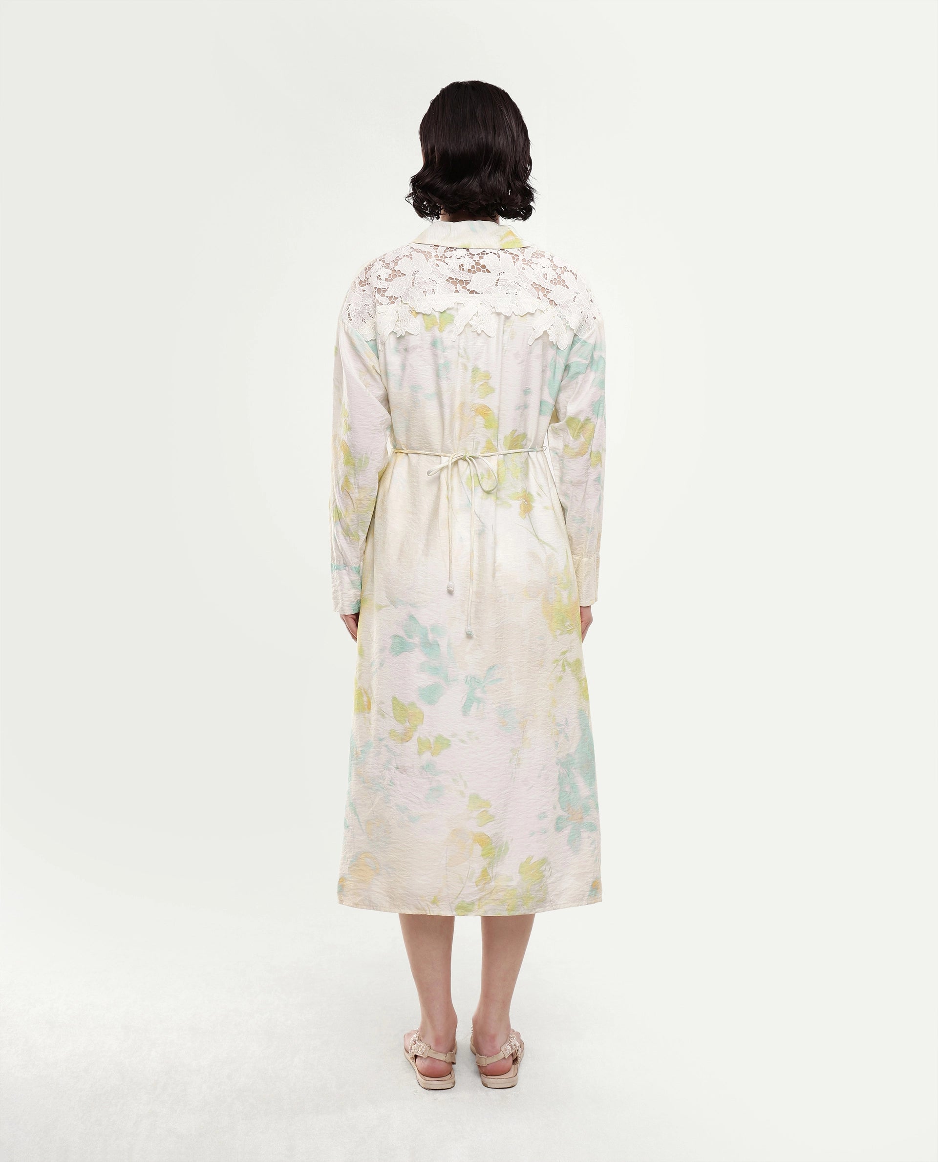 Rareism Women's Hrix Light Green Viscose Blend Lapel Neck A-Line All Over Print Dress