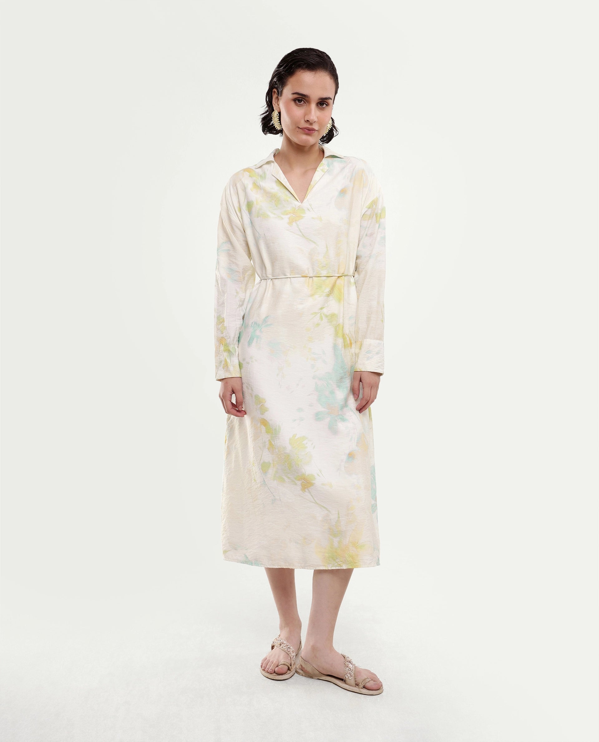 Rareism Women's Hrix Light Green Viscose Blend Lapel Neck A-Line All Over Print Dress